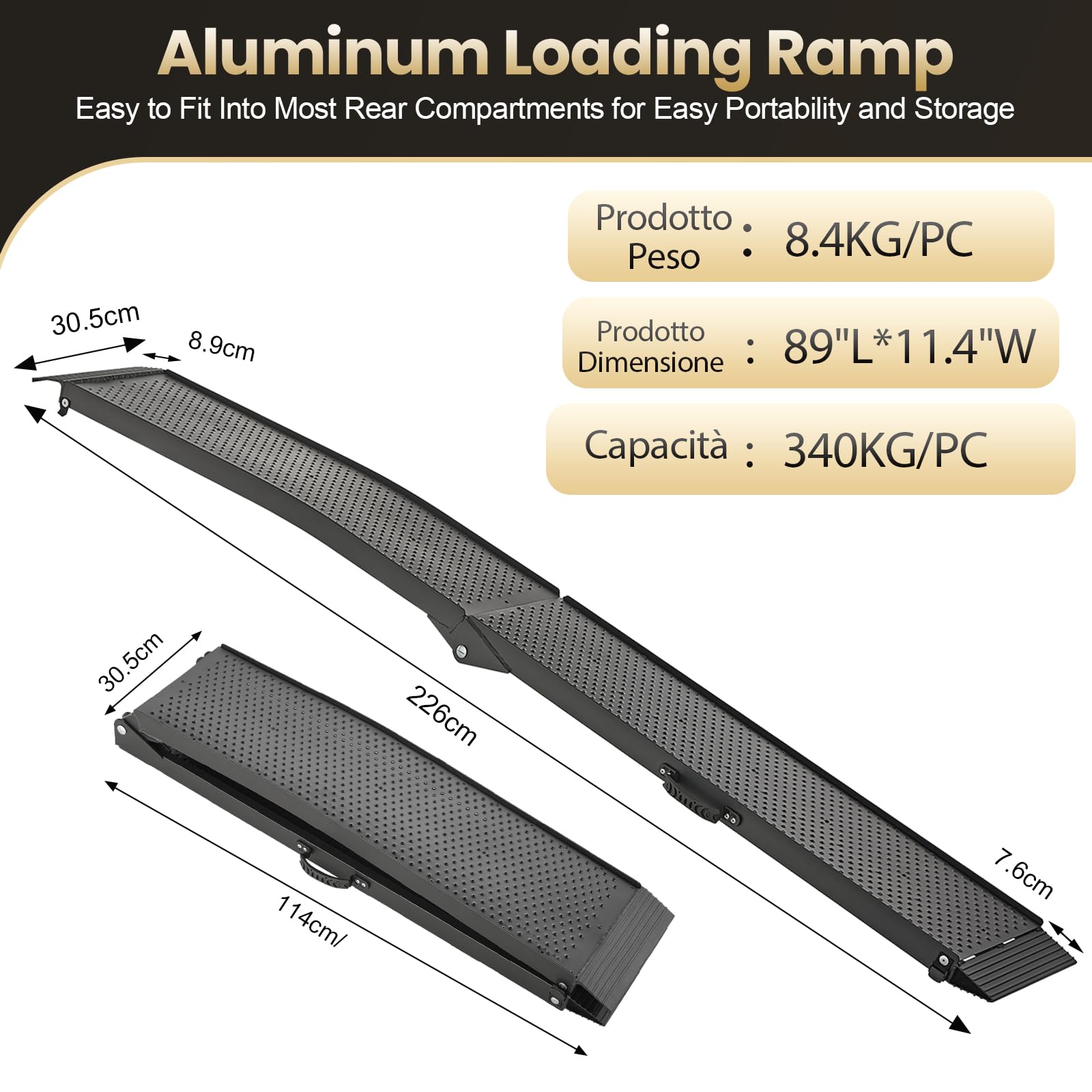 gardhom Rampe per Auto Pieghevole 340Kg Alluminio Rampe di Carico Portatile 228x28x4.5cm Rampa Moto, Adatta A Tosaerba, Biciclette e Quad