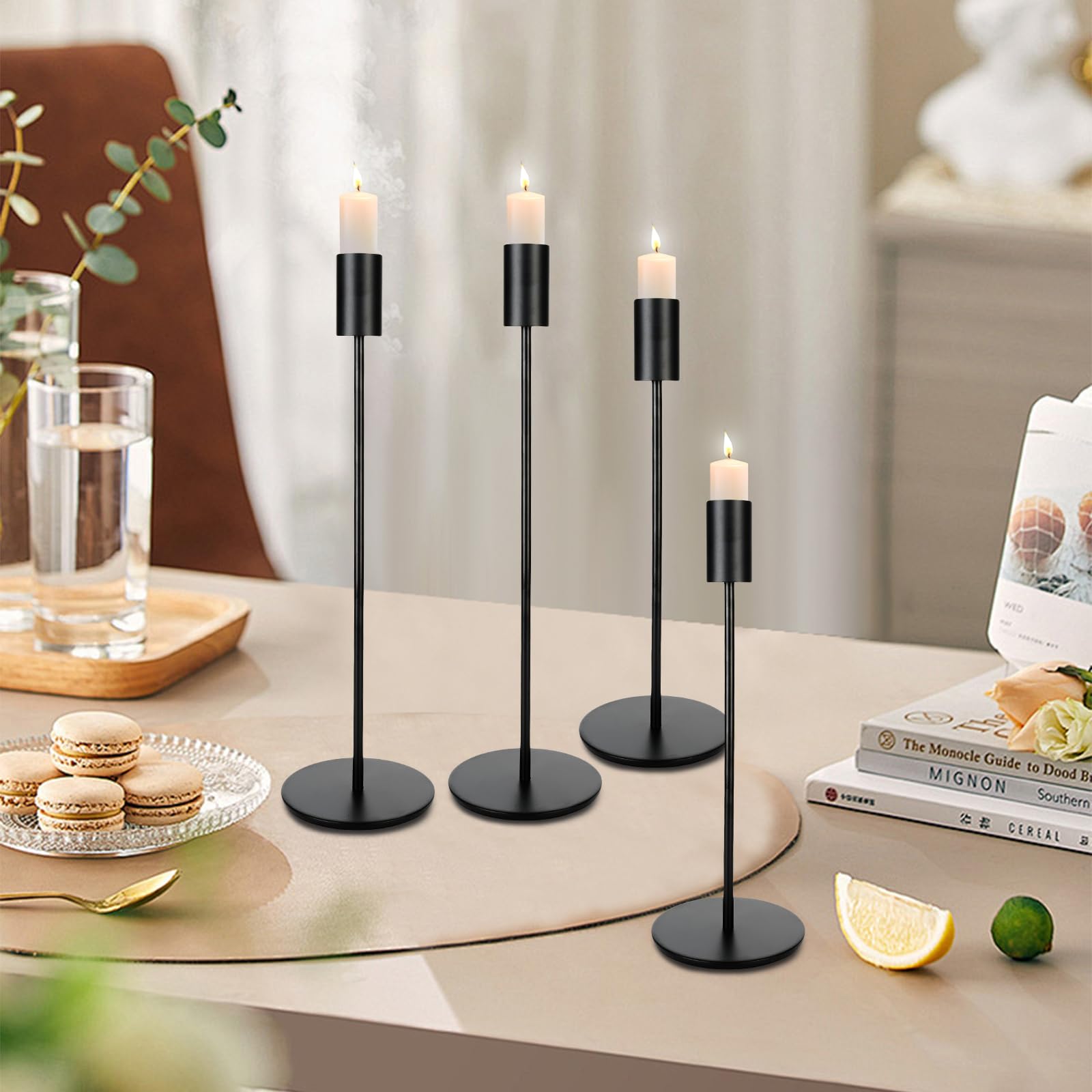 Set Di 6 Portacandele Da Tavolo Neri Opachi, Alti Decorativi In Metallo, 3 Misure (23/28/33 Cm), Diametro Foro 2,2 Cm Per Candele Coniche, Eleganti Per Matrimoni E Casa