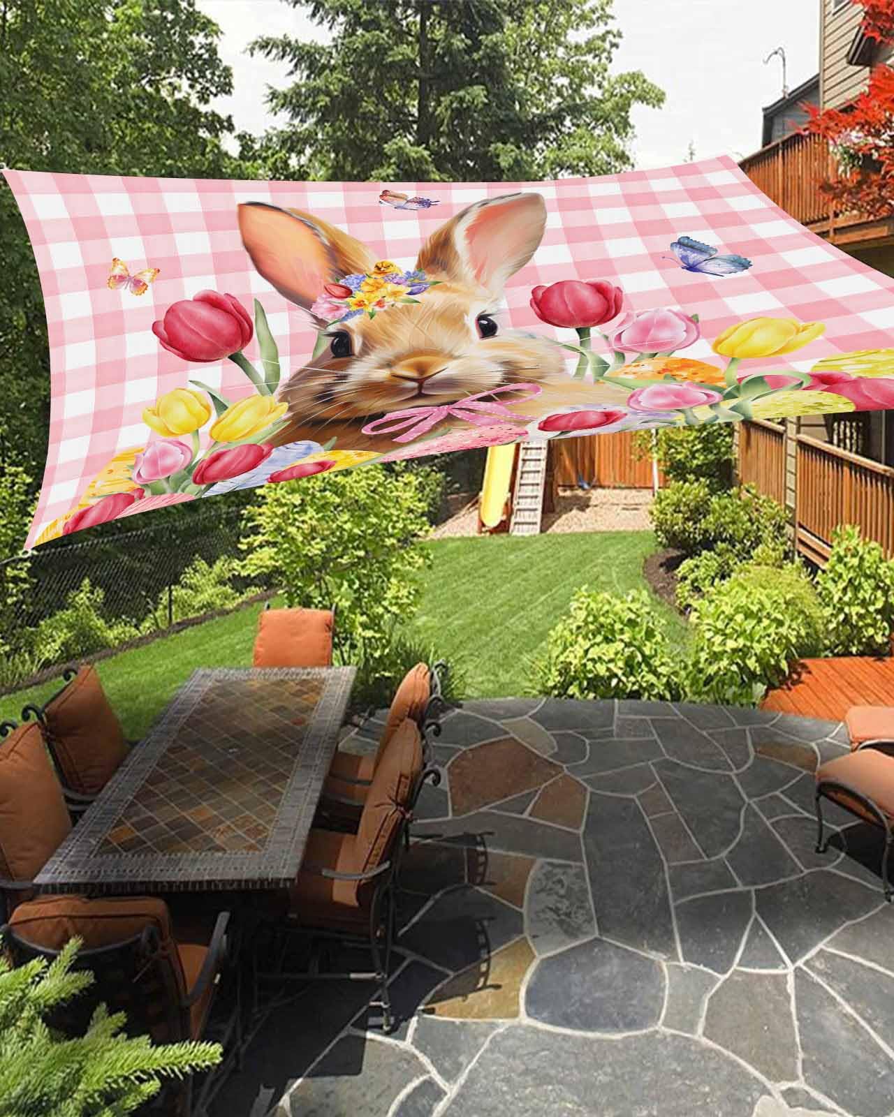 Boanket Sun Shade Sail 8' x 10', Pink Bunny Easter Rectangular Waterproof Outdoor Sun Shades, Spring Floral Tulip Eggs Butterfly Plaid Shade Cloth for Patio Deck Terrace Garden Lawns Beach Backyard