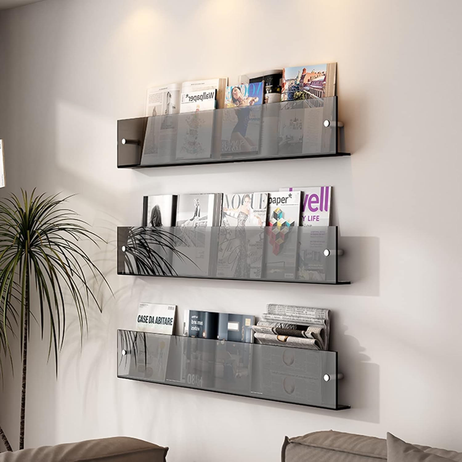 Wandgemonteerd tijdschriftenrek, transparant displayrek, acryl boekjeshouder met accessoires, opbergrek (kleur: oranje, maat: 80 cm/31,5 inch) ( Color : Dark Grey , Size : 60cm/23.6