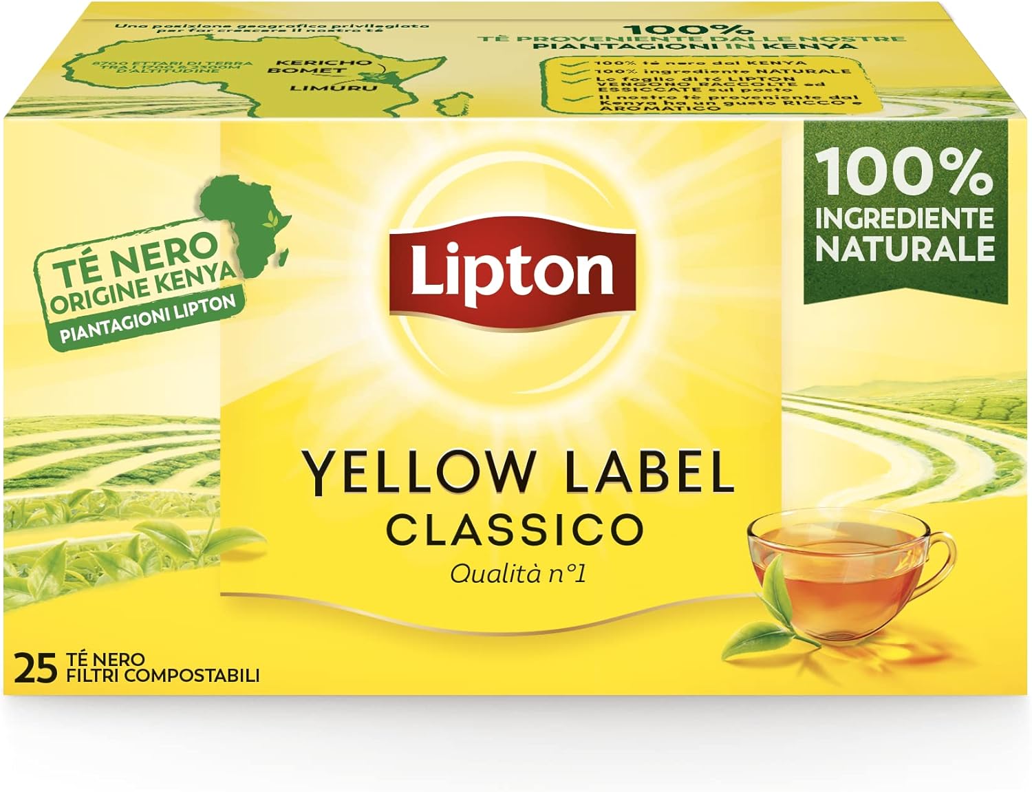 Lipton, Tè Nero Classico, Con Ingredienti 100% Naturali, Gusto Intenso ed equilibrato, Ideale per Tutte le Occasioni, Yellow Label, Confezione di Carta, Filtri Compostabili, 25 Filtri - Immagine 1