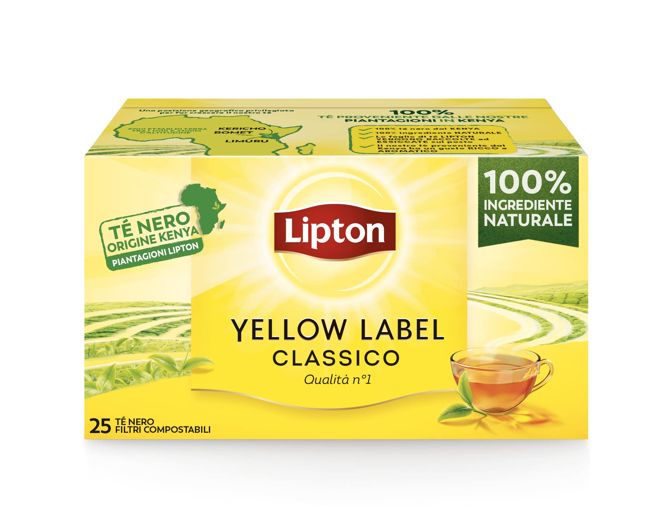 Lipton, Tè Nero Classico, Con Ingredienti 100% Naturali, Gusto Intenso ed equilibrato, Ideale per Tutte le Occasioni, Yellow Label, Confezione di Carta, Filtri Compostabili, 25 Filtri