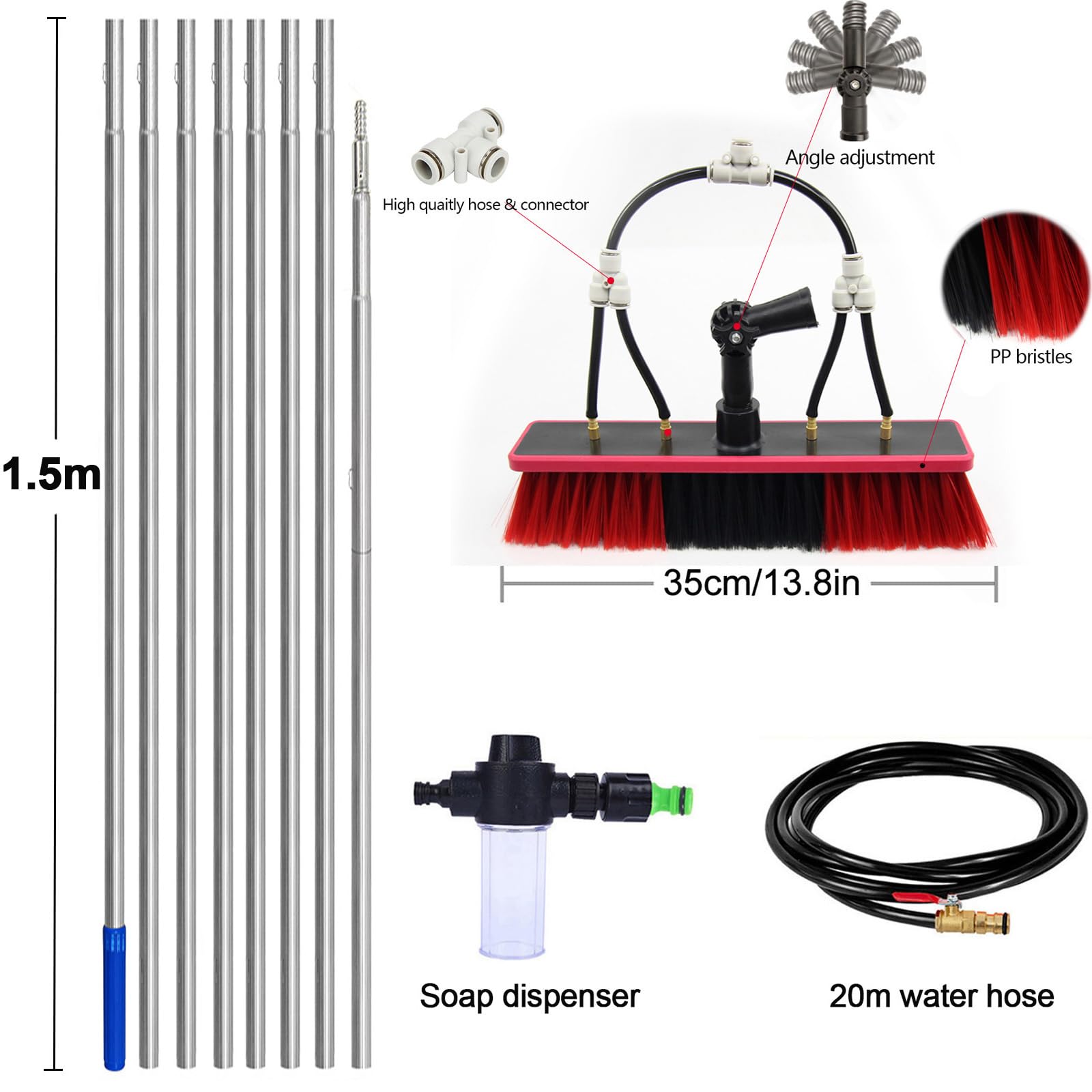 Cepillo de limpieza Teles - 11. Barra extensible con suministro de agua, ángulo ajustable y dispensador de jabón, perfecto para paneles solares y techos