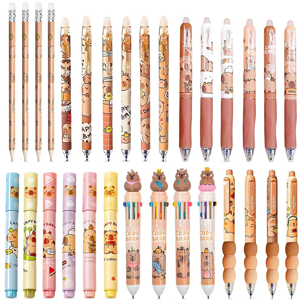 Capybara Erasable Gel Pens 30Pcs Set, 0.5mm Friction Tip Retractable Anti-Slip Pens with Highlighter & Pencil, Cute Cartoon Stationery, Ideal Gifts for Students Boys Girls School Office Supplies