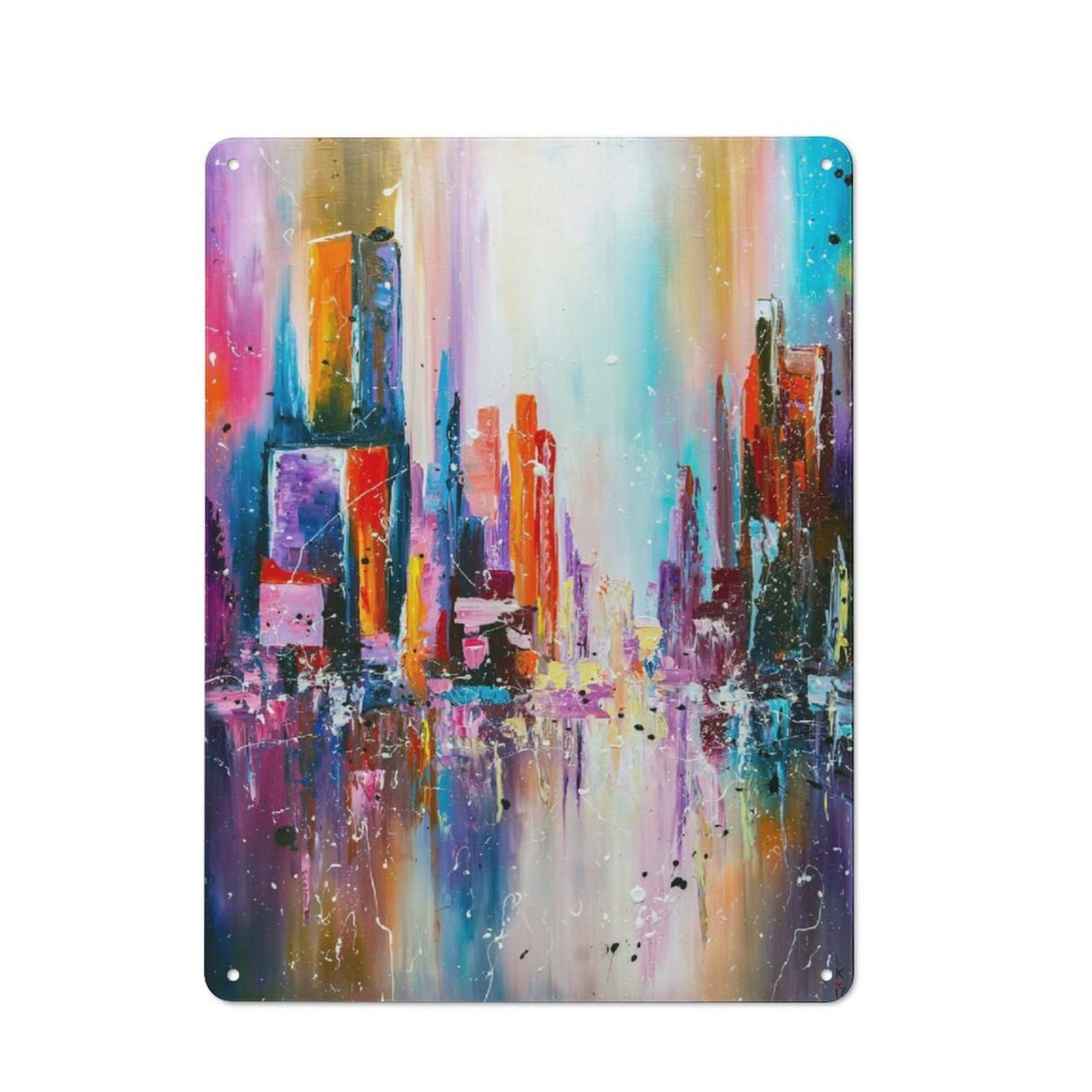 City in Sunset Light Workshop Style Metal Wall Decor 40x30cm, Decorative Metal Plaque for Garage, Hobby Room, Office Or Man Cave