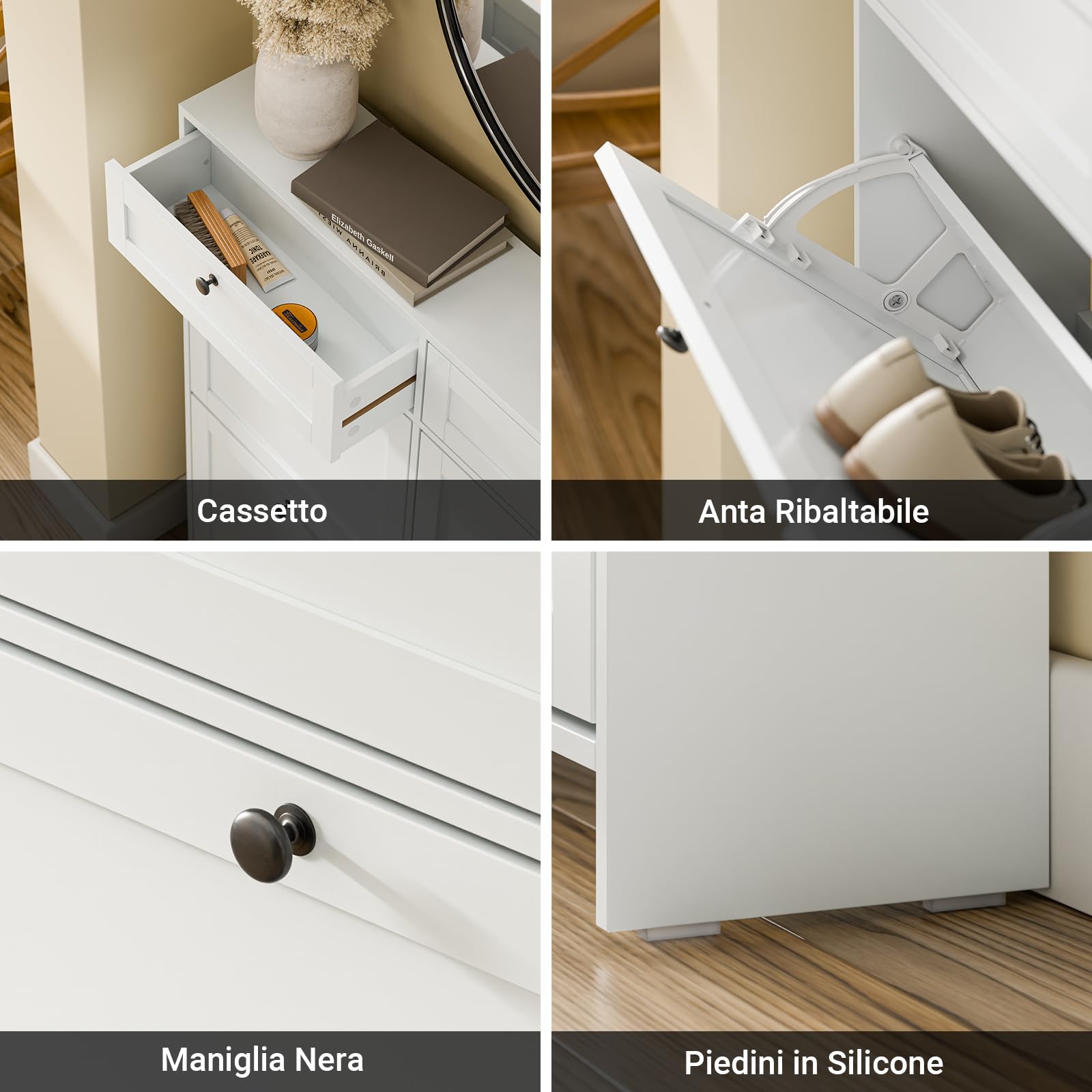 SoBuy Scarpiera Salvaspazio Slim, Scarpiera In Legno Bianco, Mobile Ingresso con 4 Ante a Ribalta e 2 Cassetti, a 12 Paia di Scarpe, Con Protezione Antiribaltamento, 100x19x107cm FSR208-W