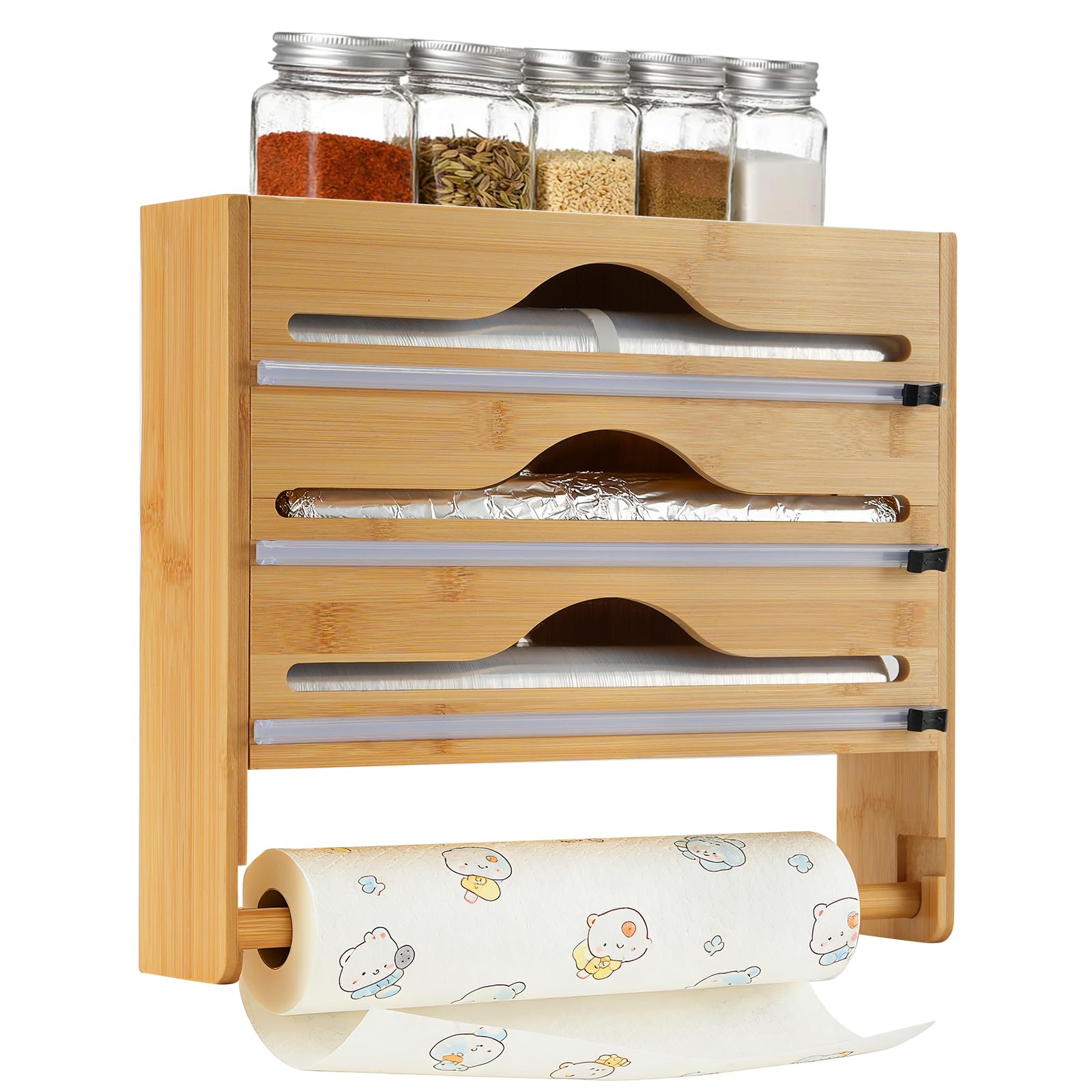 Dispensador de papel de aluminio de bambú con cortador, dispensador 4 en 1 de papel de aluminio y película adhesiva y cortador con soporte organizador de rollo para papel de aluminio, película