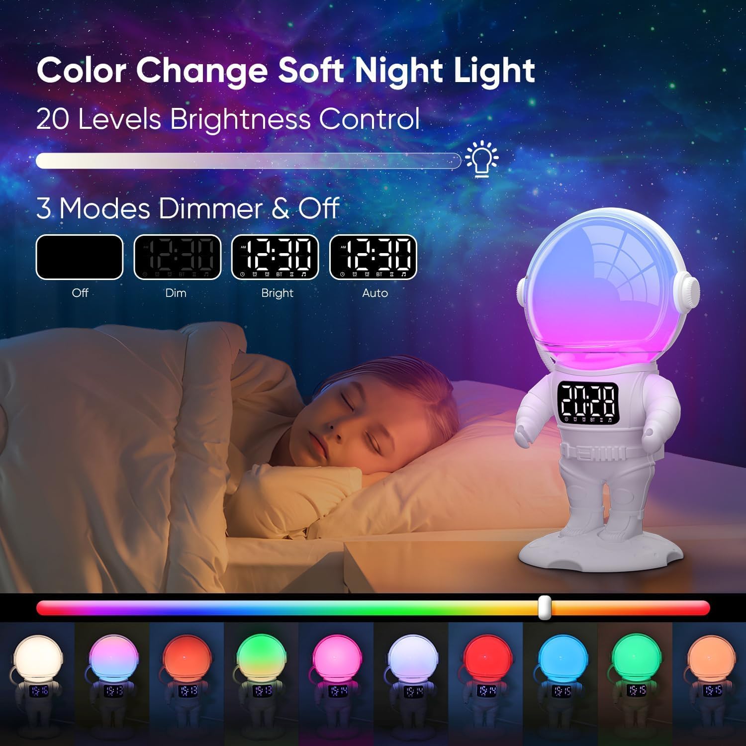 AFEXOA Réveil Enfant, Lampe de Réveil avec 7 Sonneries, Snooze, 21 Sons Apaisants, Minuterie, Enceinte Bluetooth, Lampe de Chevet Multicolore