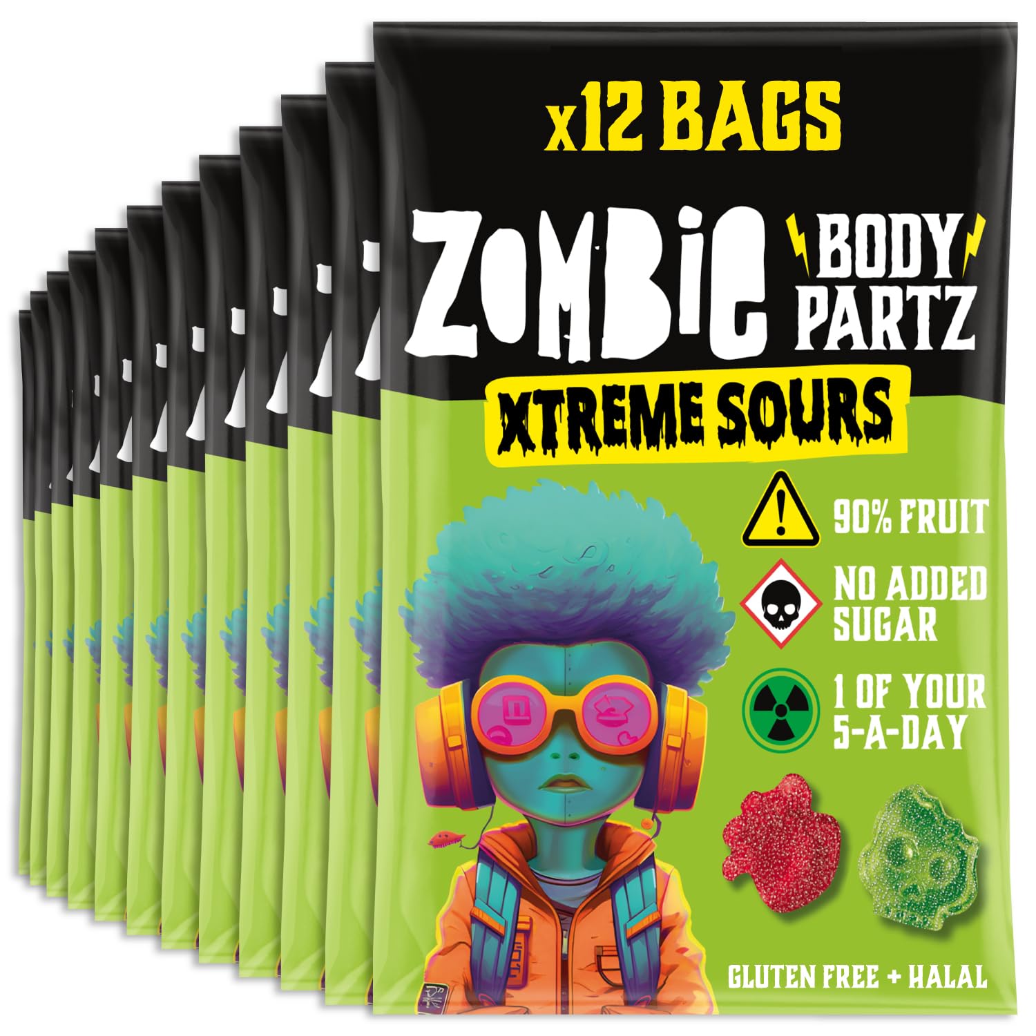 Zombie No Added Sugar Sweets, Xtreme Sours Fruit Gummies (12 Bags), 90% Fruit, Vegan, Healthy Snacks for Adults, Kids, Low Calorie, Gluten Free, Halal, Bulk, Jelly, Tub, Vegetarian, Party Bags, Gummy