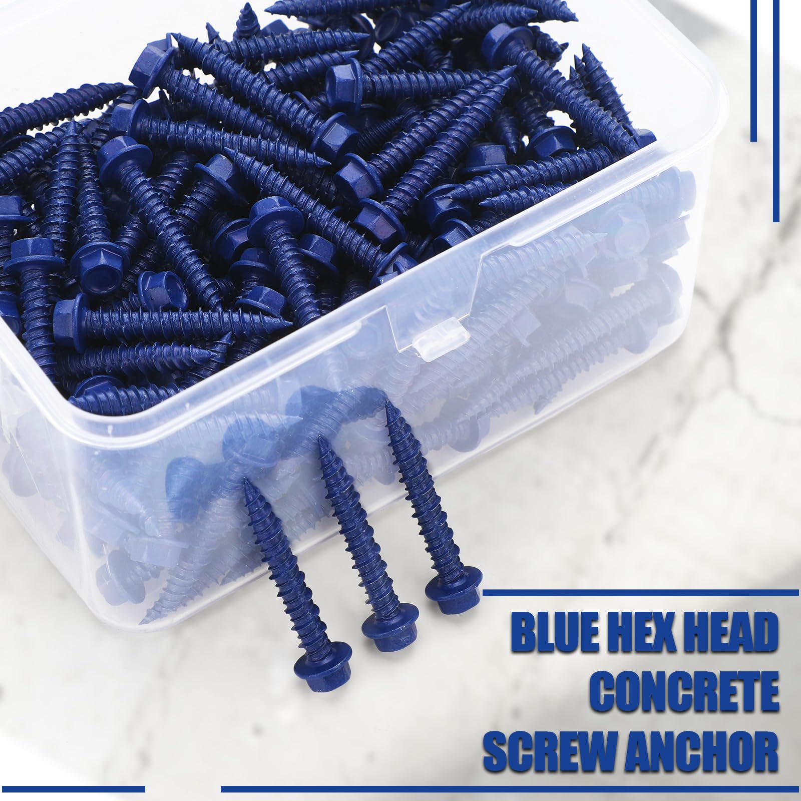Therwen 200 anclajes de tornillo de hormigón de cabeza hexagonal azul de 3/16 x 1-1/4 pulgadas, tornillos de hormigón de acero al carbono endurecido, resistentes al óxido y a la corrosión para