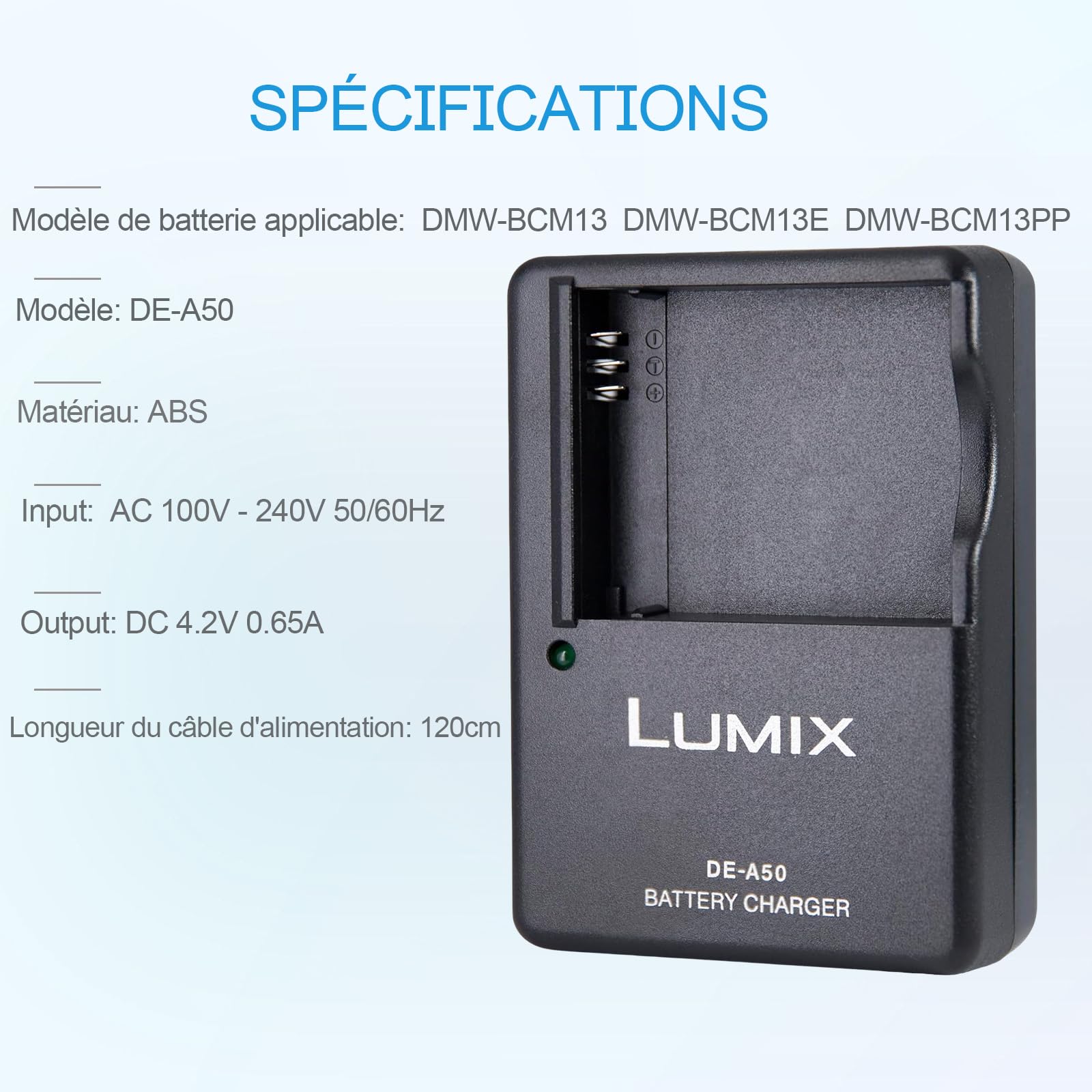 DE-A50 DMW-BCM13E Chargeur de Batterie Compatible avec Panasonic Lumix DC-TS7,DMC-FT5A,LZ40,TS5,TS6,TZ37,TZ40,TZ41,TZ55,TZ60,DMC-ZS27,DMC-ZS30,DMC-ZS35,DMC-ZS40,DMC-ZS45,DMC-ZS50 Appareil Photo