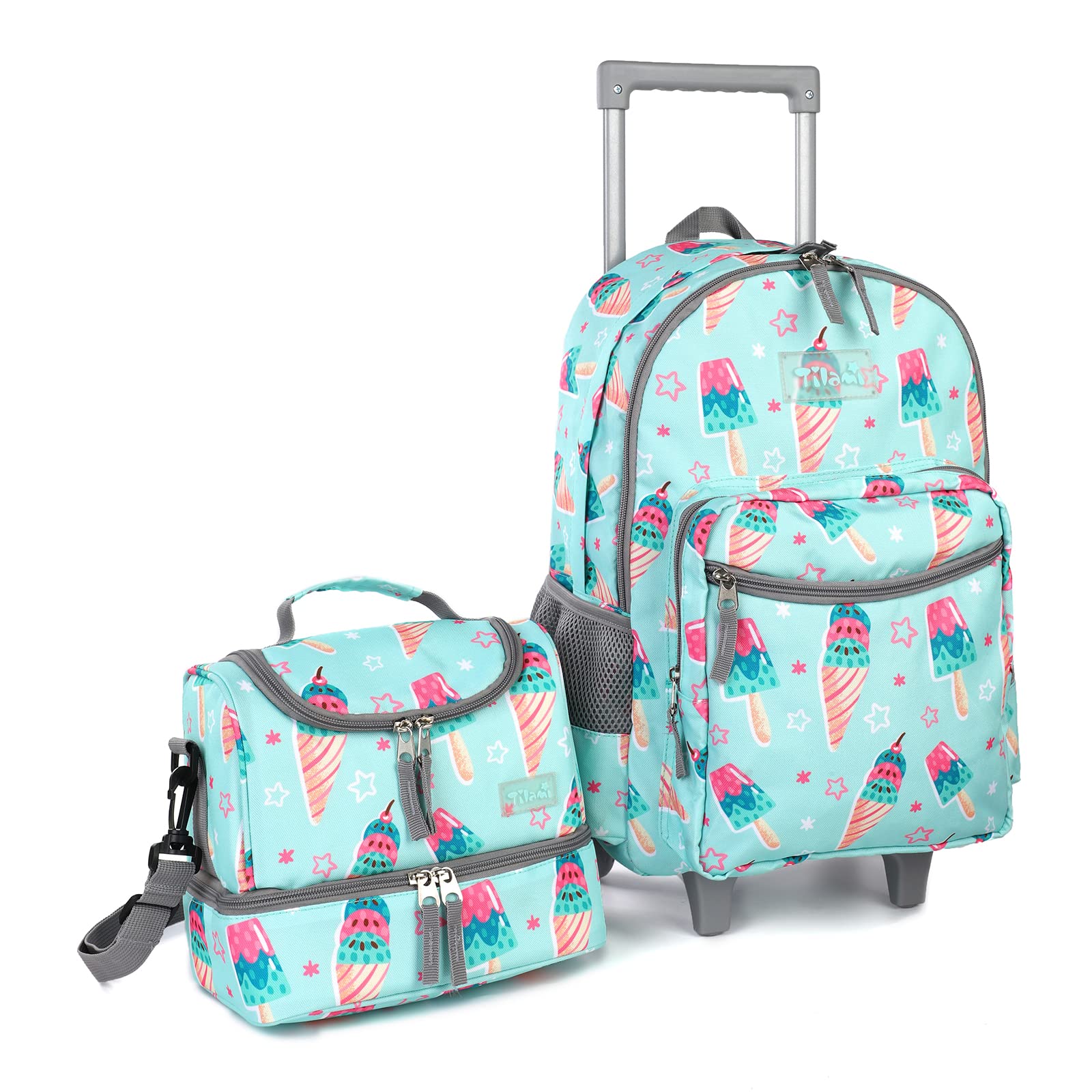 Tilami Rolling Backpack 18 inch Double Handle with Lunch Bag Wheeled Kids Backpack, Icecream Green