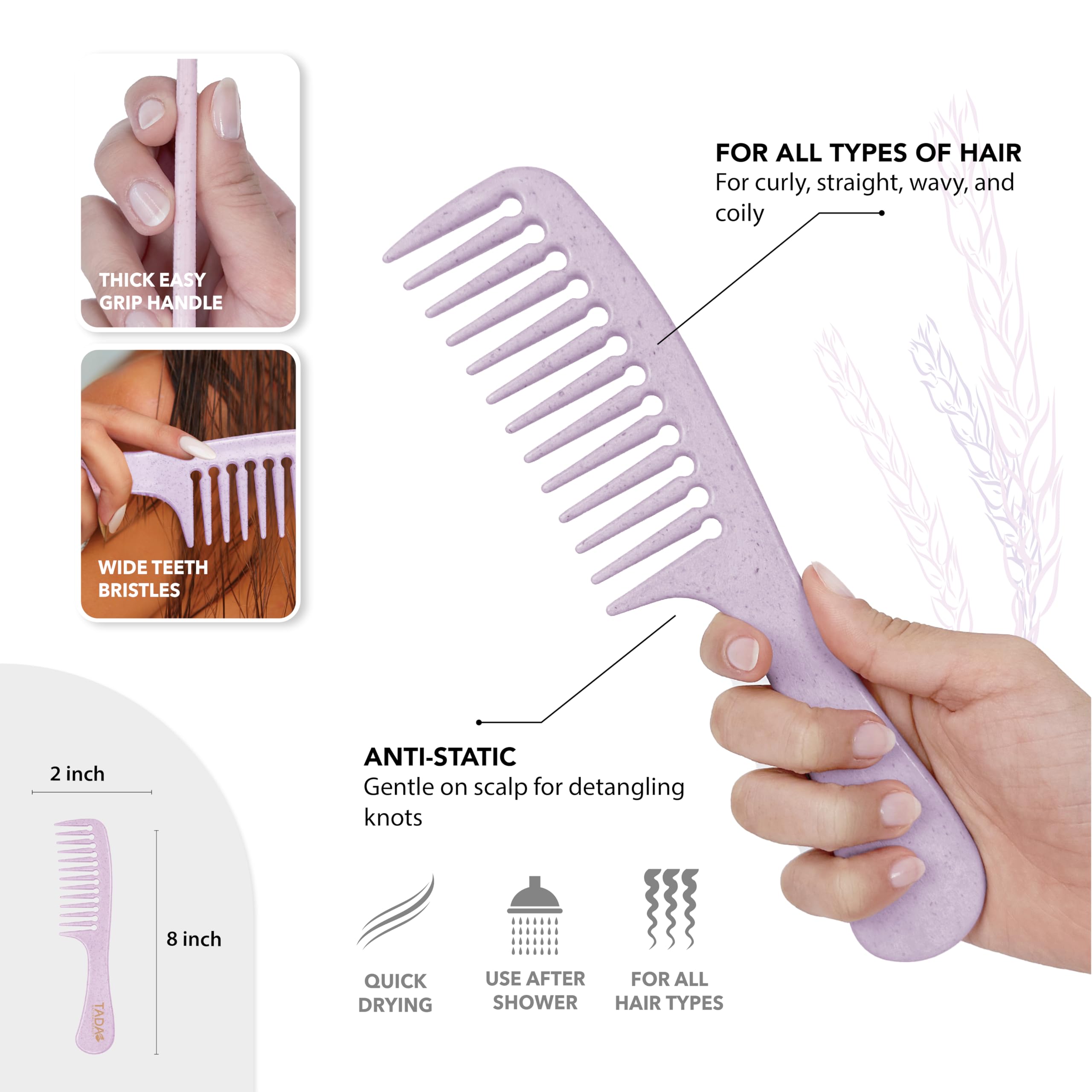 TADA - Juego de cepillo desenredante natural para todo tipo de cabello rizado, grueso, ondulado y fino, juego de cepillos para el cabello para mujeres, hombres y niños (3 unidades, lavanda)