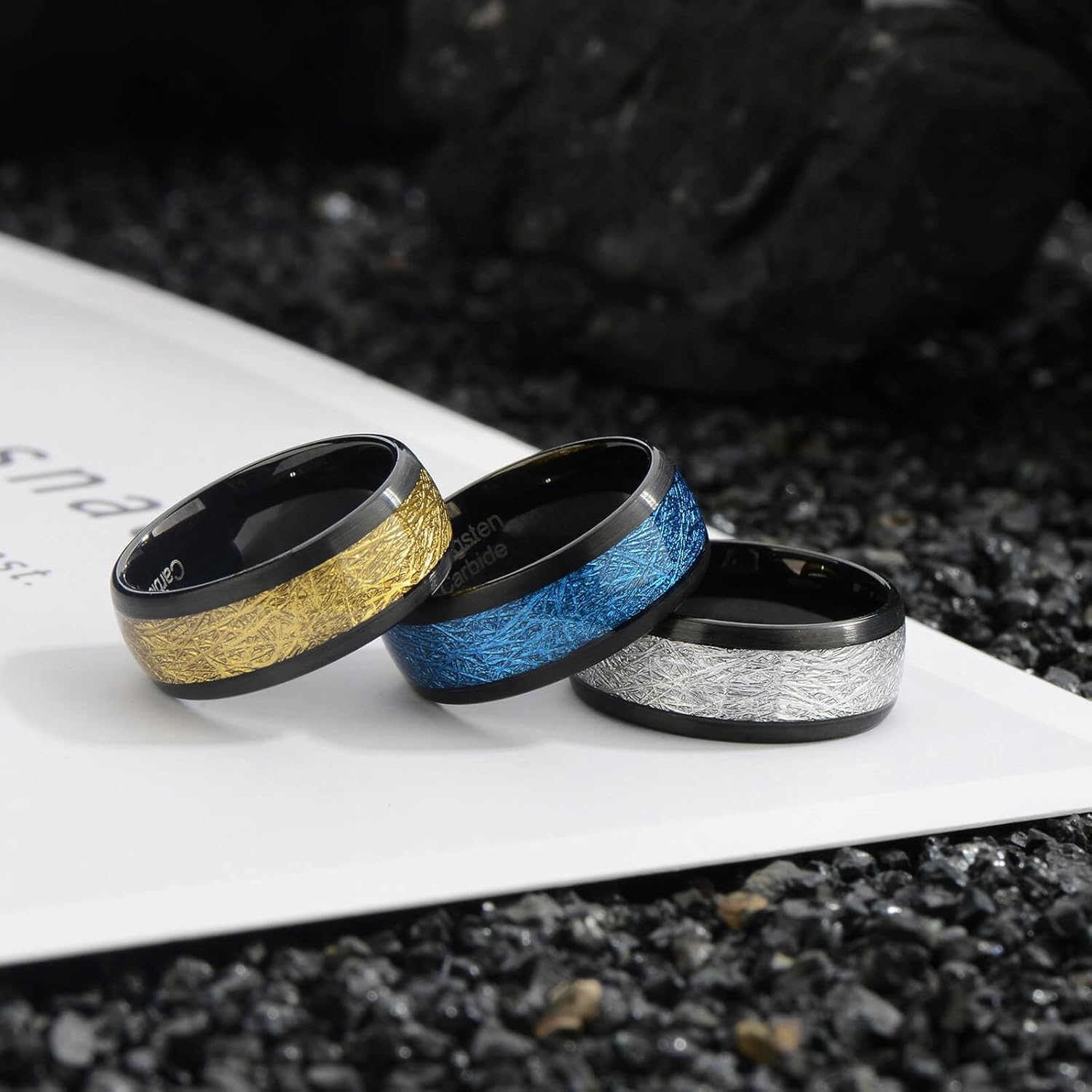 Men's Tungsten Carbide Wedding Ring - 8mm Black High Polish Set Blue/White Stones/Gold Ideal for Everyday Wear Comfortable Fit Ideal for Grooms