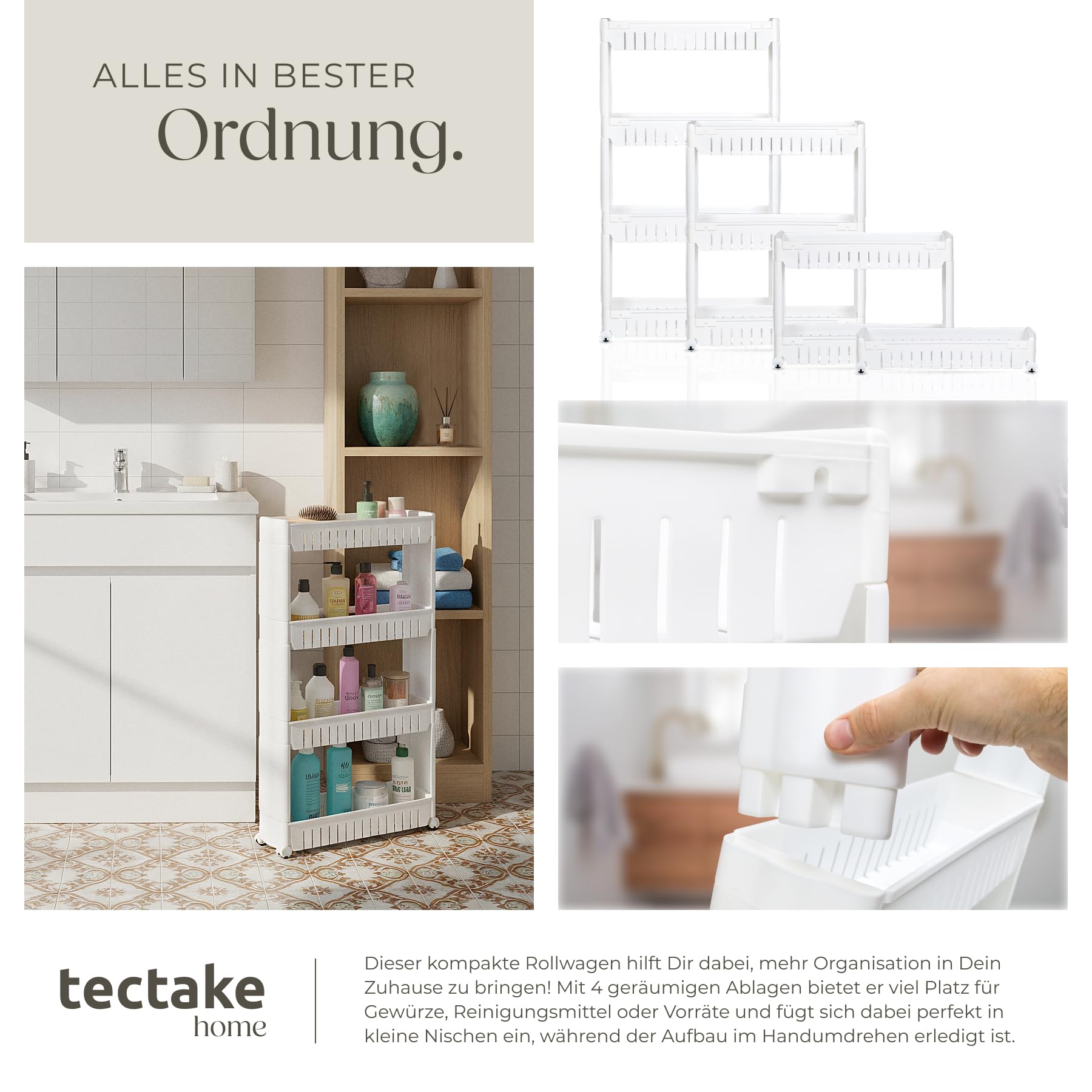 tectake® Nischenregal, Regal schmal 54 x 12 x 101 cm, Nischenschrank mit Rollen, Nischenwagen mit 4 Ebenen, Regal Küche, Küchenwagen, Badezimmerschrank, Beistellschrank, Badmöbel, Badschrank schmal