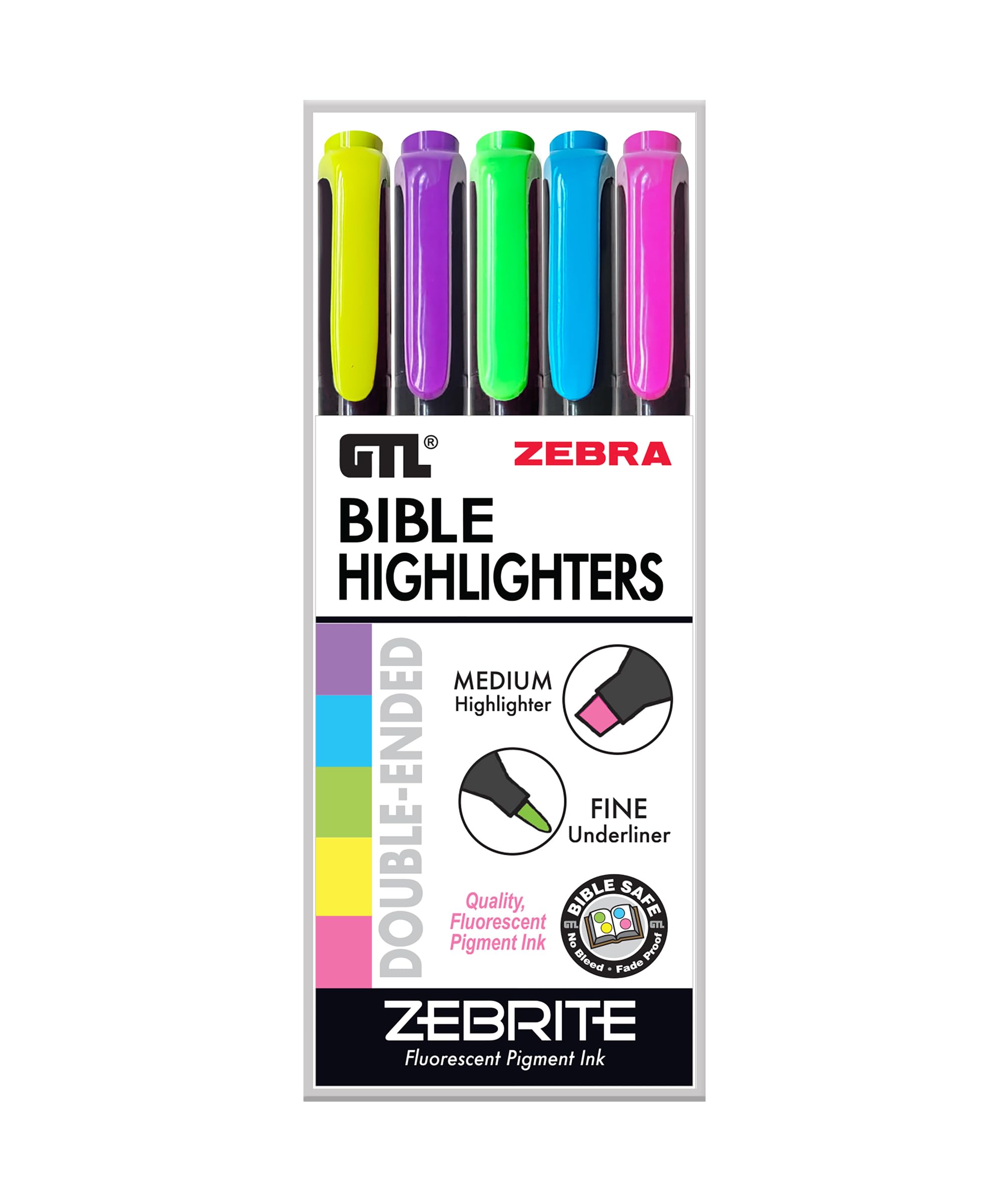 G.T. Luscombe Company, Inc. Zebrite Double Ended Bible Highlighters | No Bleed Pigmented Ink, No Fading or Smearing | Double Ended Fluorescent Multicolor for Highlighting & Underlining (Set of 5)