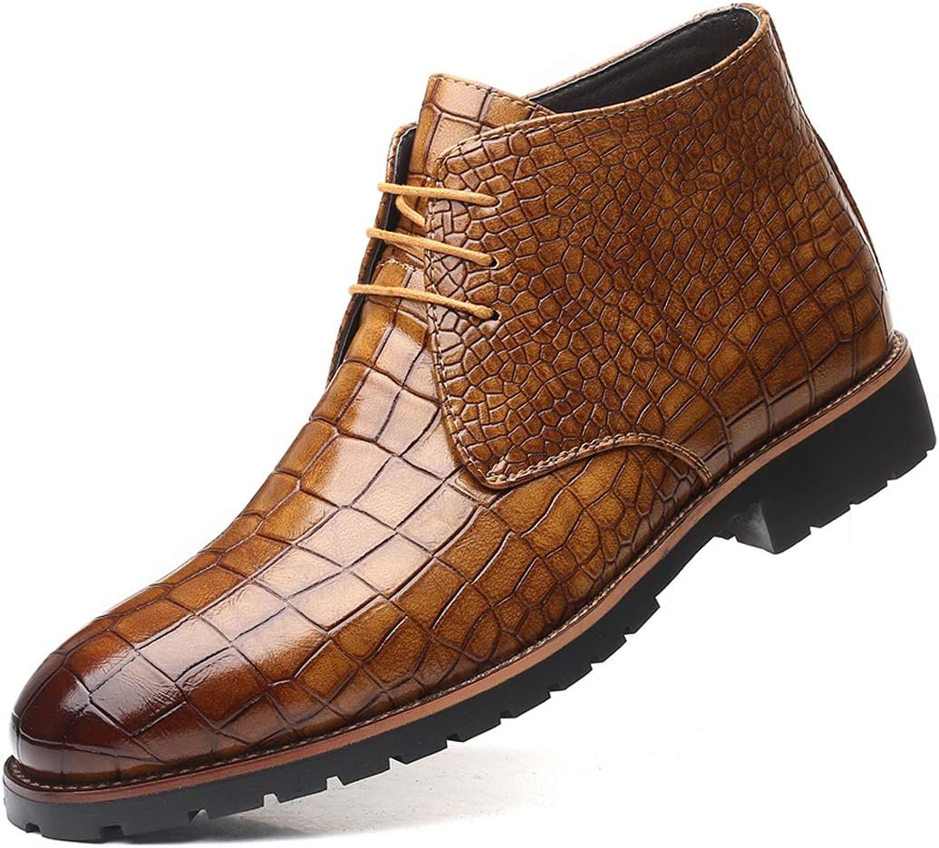 Santimon Mens Boots Casual Faux Alligator Patent Leather Oxfords Ankle Lace-up Dress Boots Tan 12 US