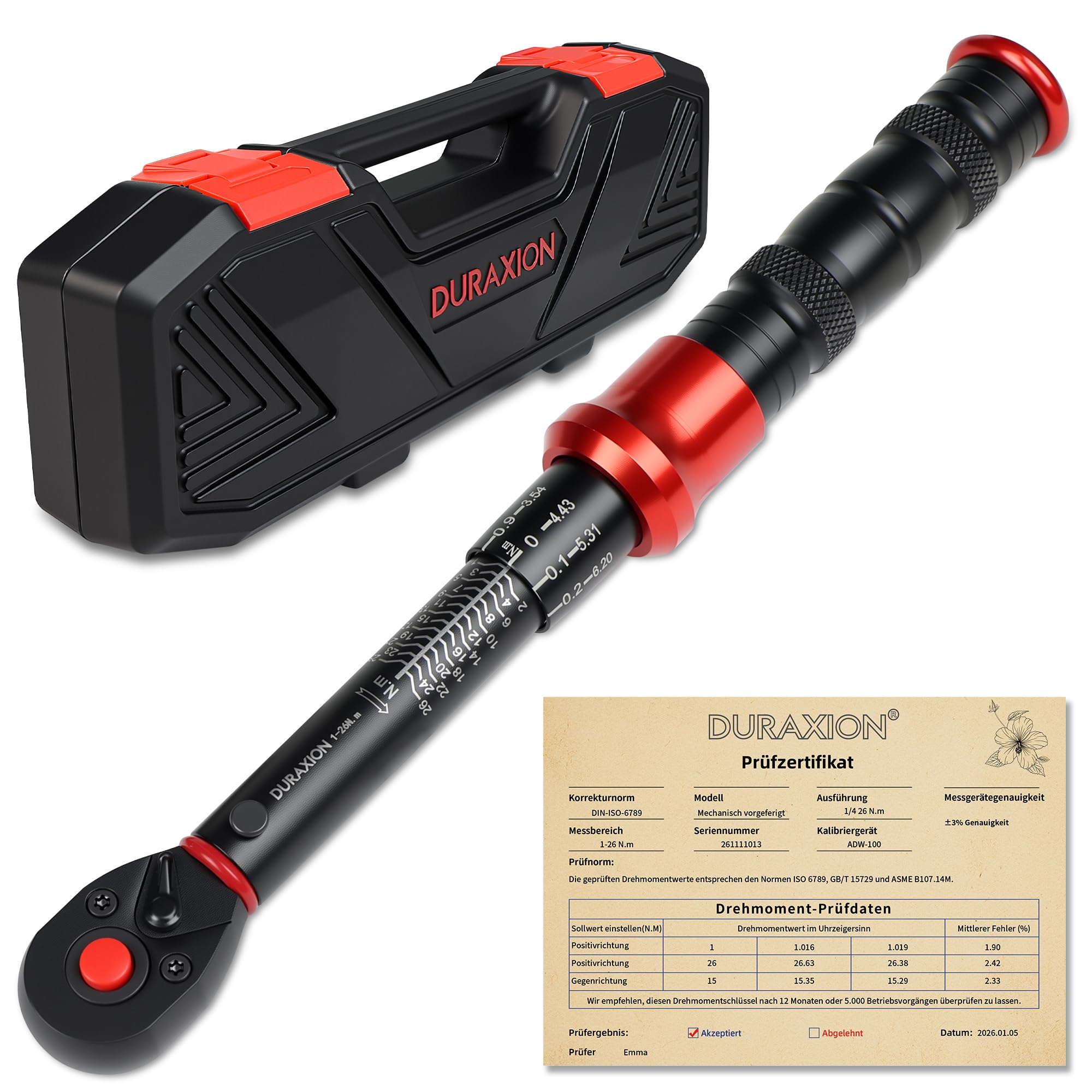 DURAXION Drehmomentschlüssel 1/4", 1-26Nm für Fahrrad/Rennrad/MTB/E-Bike | ±3% Genauigkeit,72-Zähne,Doppelskala,Umschaltknarre,Klick,0,1NM Mikro-Einstellung,Klein Torque Wrench,Wartung & Reparatur