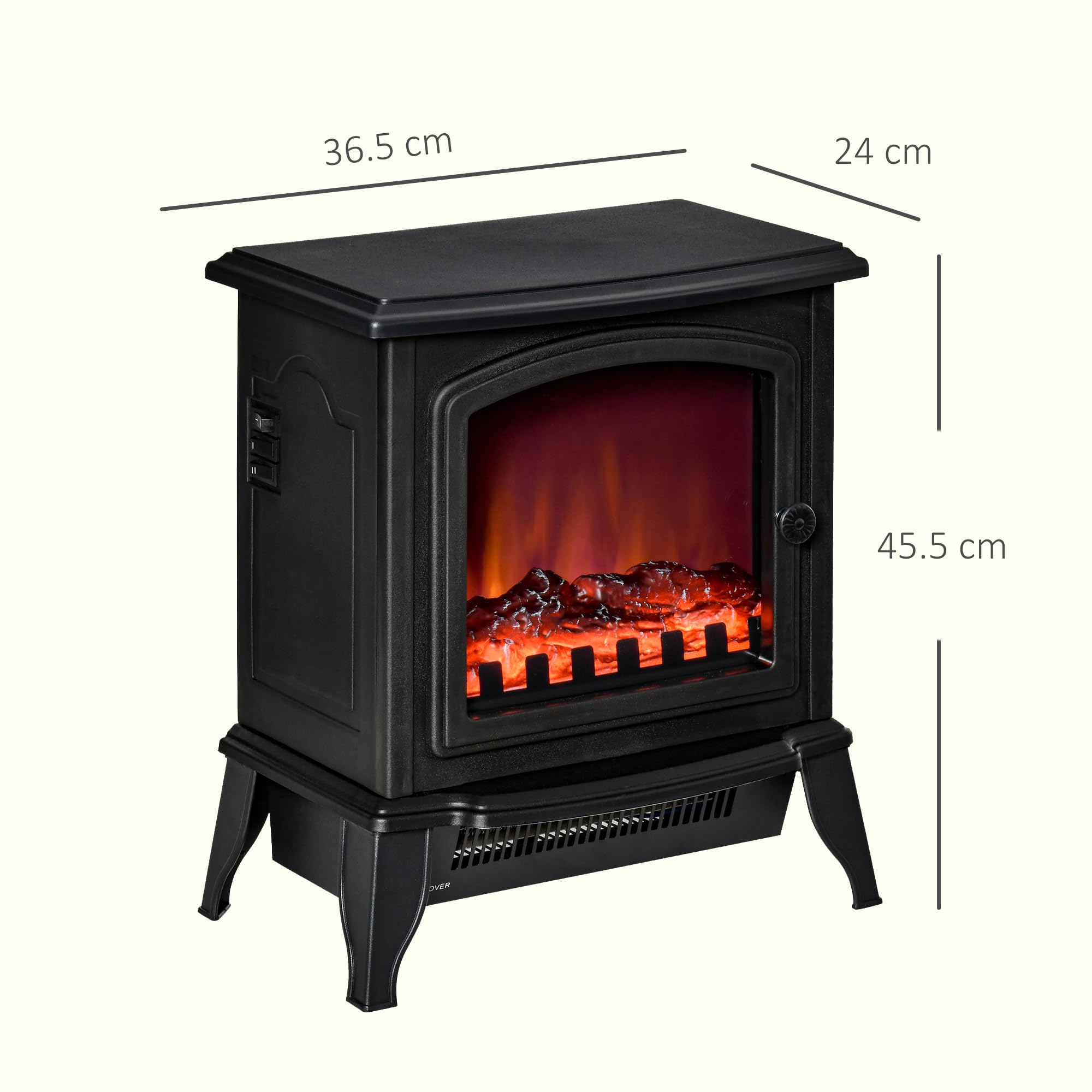 HOMCOM Camino Elettrico da Terra con Potenza Regolabile 1000W/2000W ed Effetto Fiamma Realistico, Caminetto Portatile in ABS e Vetro Temperato, 36.5x24x45.5 cm, Nero