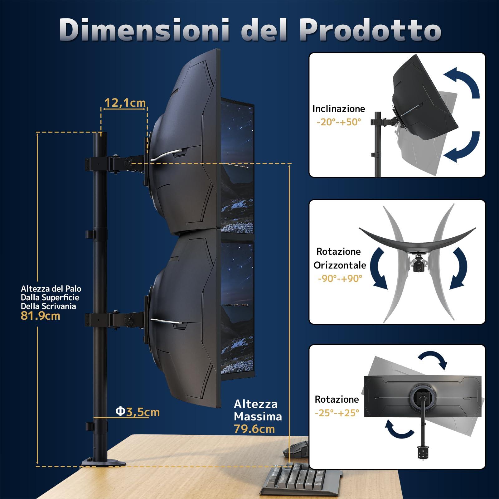 Supporto Monitor per 2 Schermi 17-49 Pollici – Braccio Doppio Regolabile in Altezza, VESA 75x75 & 100x100, Inclinabile, Ruotabile, Salvaspazio, Nero
