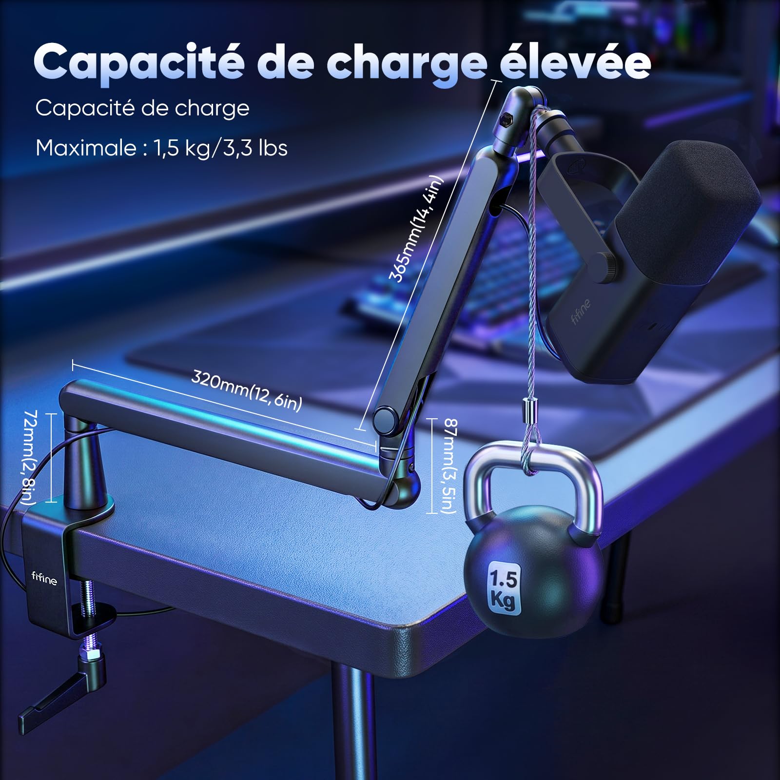 FIFINE Bras de Micro, Suspension Supports de Microphone, pour K658 AM8 K688 A8 etc., avec Pince de Montage sur Bureau, Adaptateur à Vis, Gestion des Câbles, pour Podcast, Streaming, Studio, Gaming