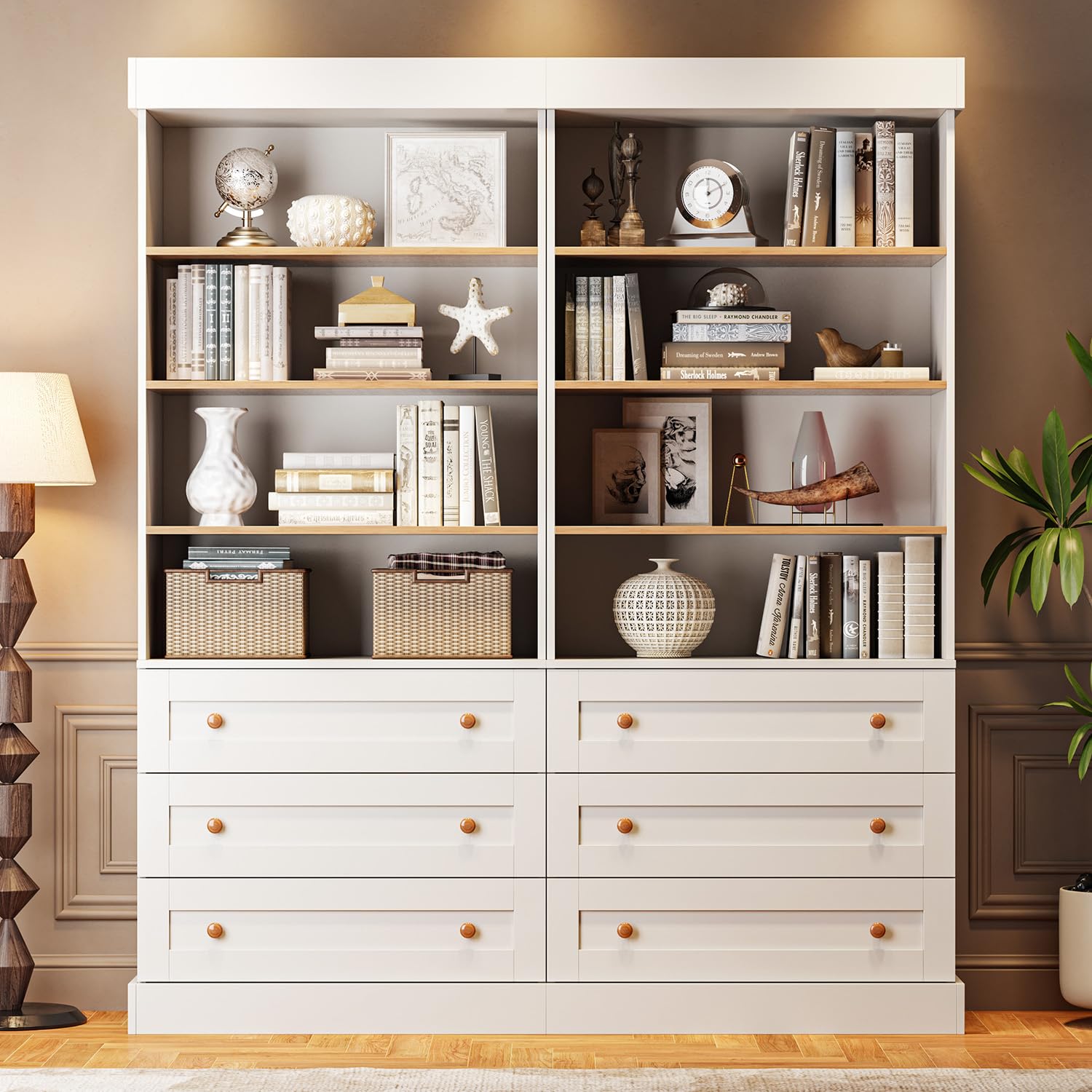 Vyre 71" Tall Farmhouse Bookshelves with Drawers, Set of 2 – Large Modular Bookcase with Adjustable Shelves, Storage Cabinet for Kitchen, Living Room, Home Office, White