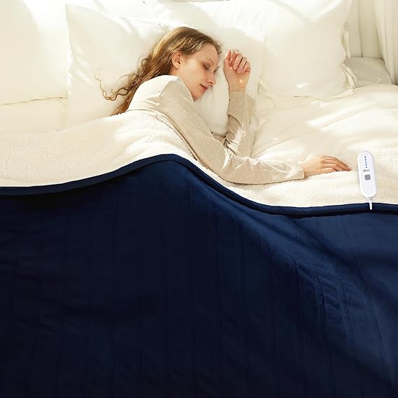 Electric Heated Blanket Twin 62" x 84" - Soft Cozy Flannel Sherpa Electric Blanket Twin Size with 5 Heating Levels & 10 Hours Auto Off, Heated Blanket for Women, ETL Certified (Navy)