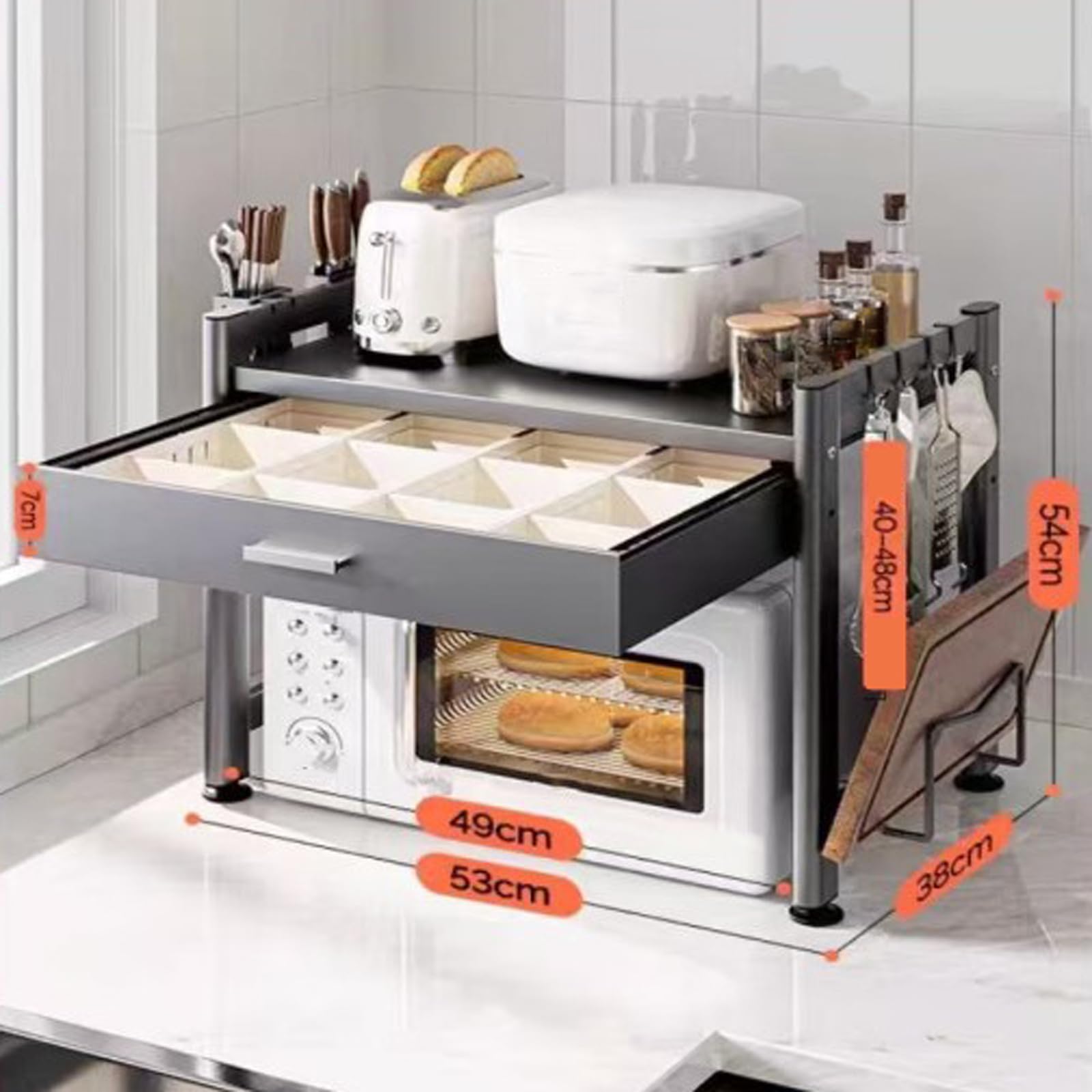 Soporte para Horno Microondas,Soporte para Estante para Microondas,Soporte para Microondas con CajóN,Organizador De Encimera De Cocina con CajóN,CajóN De Encimera