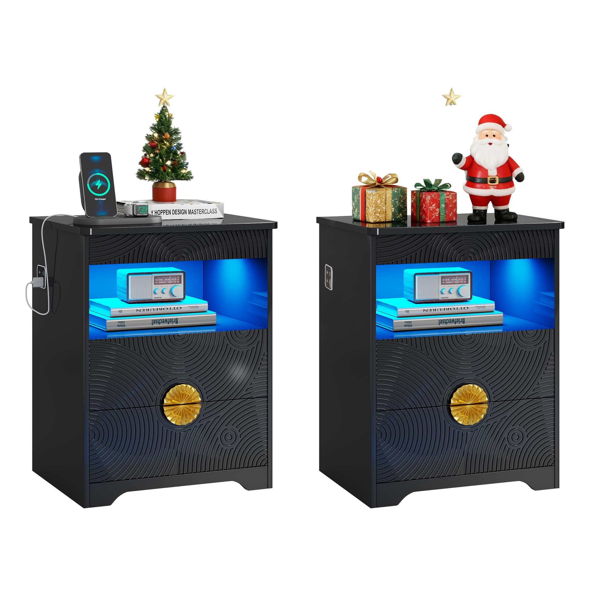 FREDEES LED Nightstand Set 2 with Gun Drawer &amp; Charging Station
