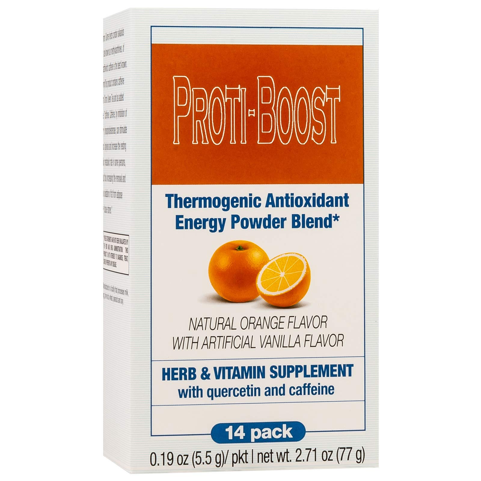 Proti-Boost Energy Boosting Drink Mix, Increases Metabolism, Sugar Free, Antioxidant, With Green Tea, Ginseng, Quercetin, Gingko Biloba, KETO Diet Friendly, Natural Orange Flavor, 14 Serving Box