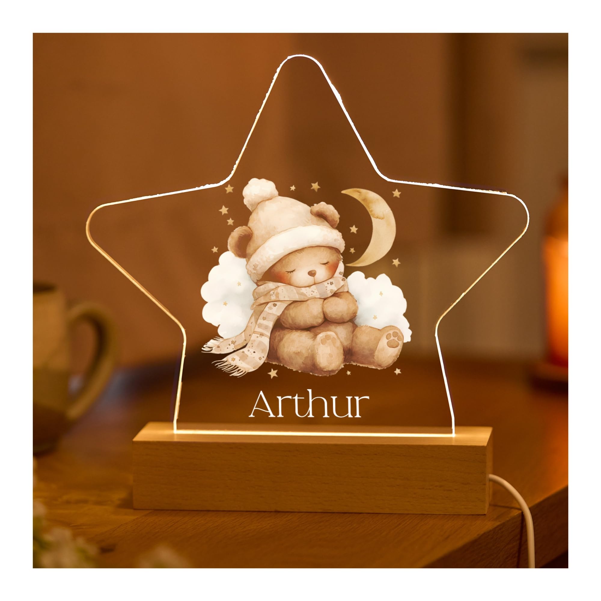 Pomchick Personalised Star Shaped LED Night Light Name Bear Kids Nursery Lamp Baby Gift Bedroom Decor Sleep Aid Babyshower First Birthday Christmas