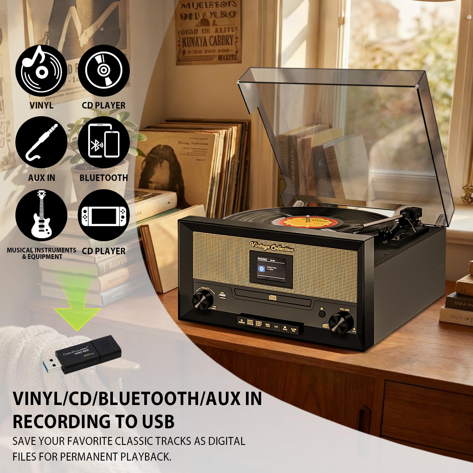 Lettore CD e vinile 9 in 1, giradischi Bluetooth, giradischi a 3 velocità, lettore CD, radio FM e DAB, riproduzione/registrazione USB, ingresso AUX, uscita RCA e jack per cuffie per la decorazione