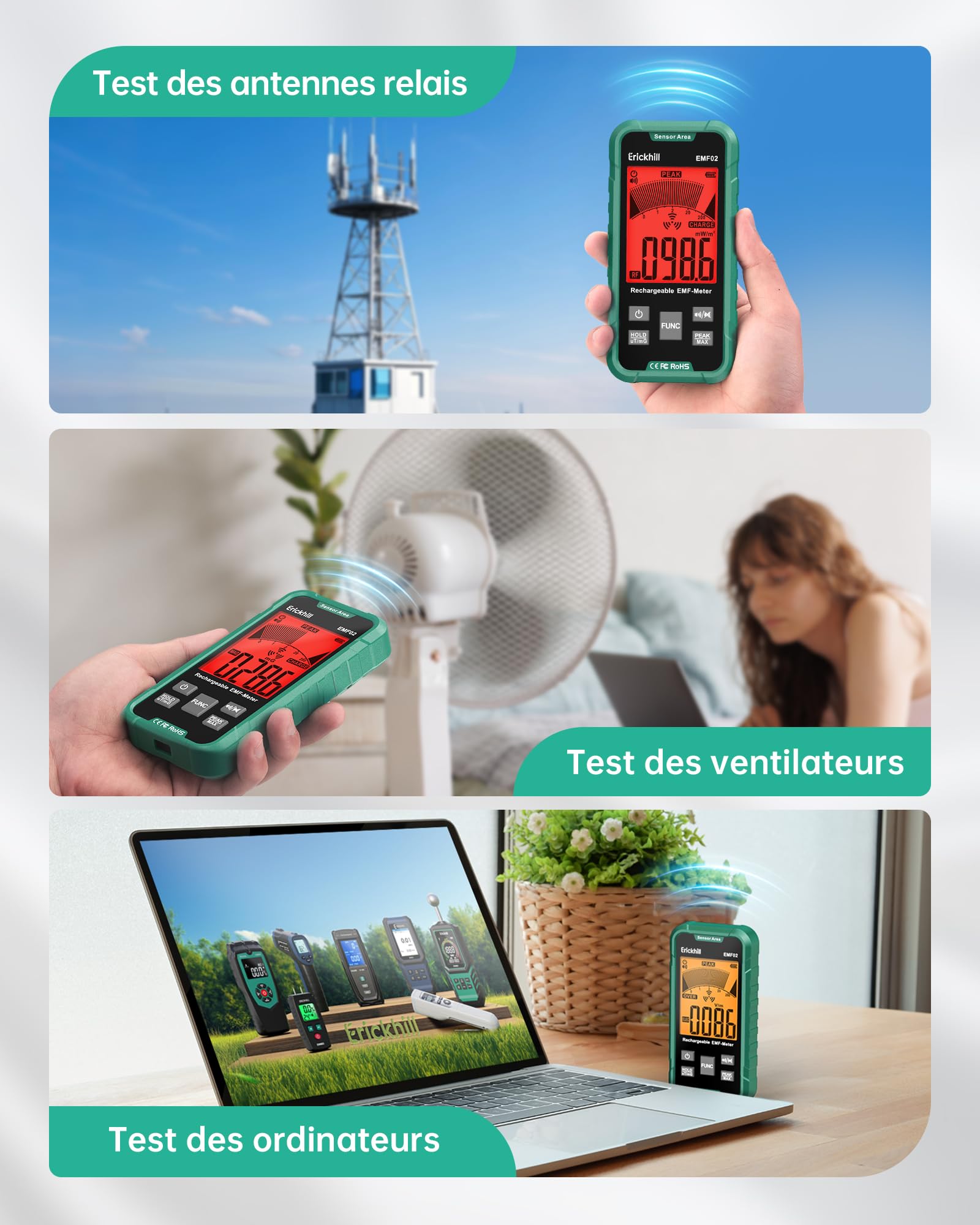 ERICKHILL EMF Détecteur 3-en-1, Testeur de Champ Électromagnétique Portable–RF/EF/MF&WiFi, avec Alarme 3 Couleurs, Batterie Rechargeable, pour Maison, Bureau et Chasse Fantôme