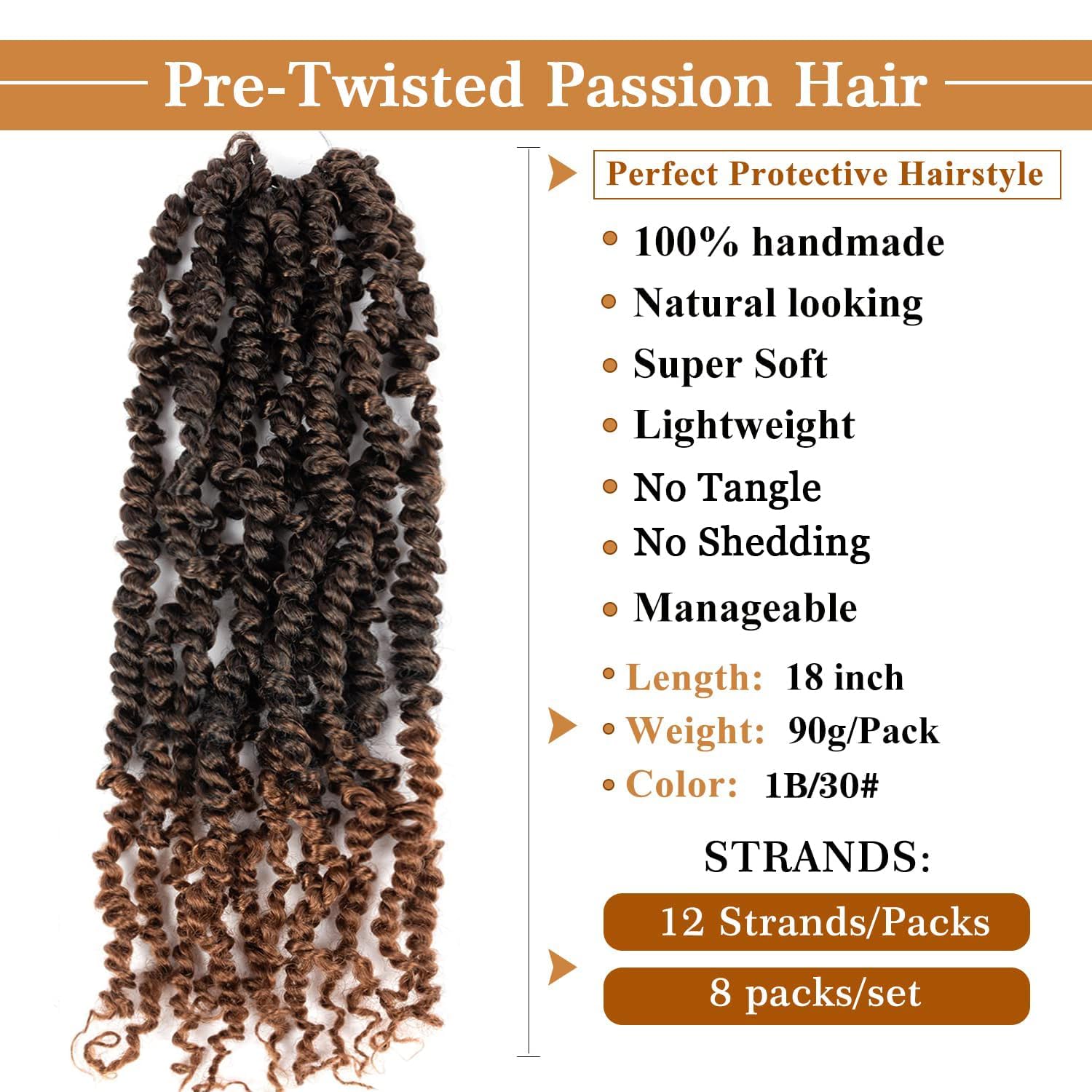 Passion Twist Hair Pretwisted Passion Twist Crochet Hair 18 pulgadas 8 paquetes Prelooped Crochet Hair YDDM Crochet Passion Twist Hair Prelooped Crochet Hair Extension (18 pulgadas, 1B/30#)