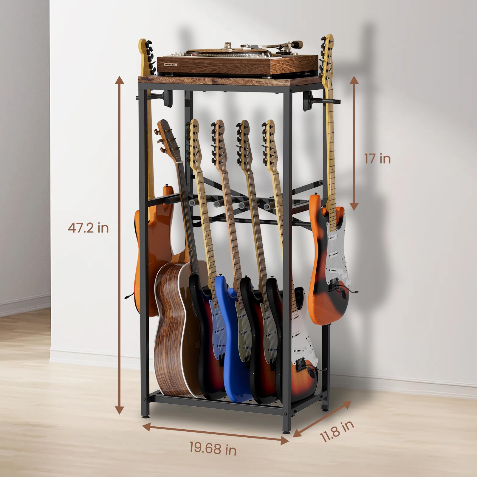 Gitarrenständer für mehrere Gitarren, Gitarrenständer für Akustikgitarre, E-Gitarre, Bass und Ukulele, rustikaler Gitarren-Präsentationsständer mit 2 Gitarrenaufhängern