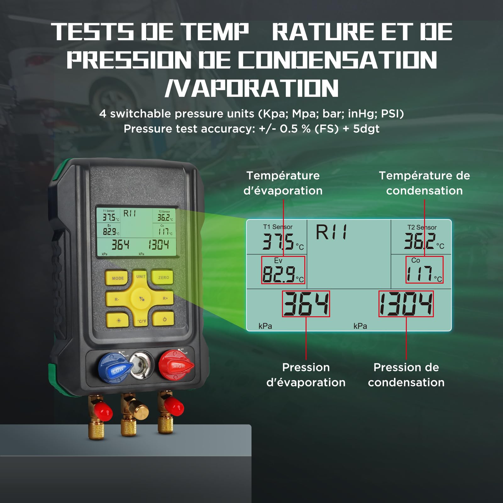 KAISAL Kit de Recharge de Réfrigérant de Climatisation | Base de données de 93 fluides frigorigènes R32 R22 R1234yf R134a R410a Test d'étanchéité sous pression Test de vide