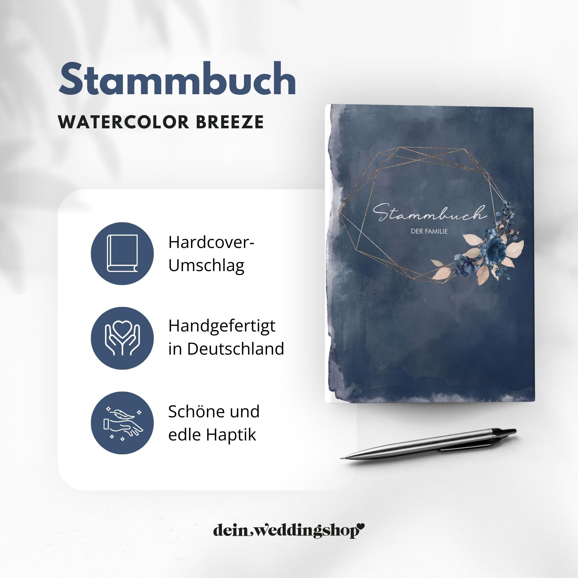 Stammbuch zur Hochzeit Standesamt - Stammbuch der Familie - Familienstammbuch inkl. Einleger - Watercolor Breeze Blau - 16x21 cm