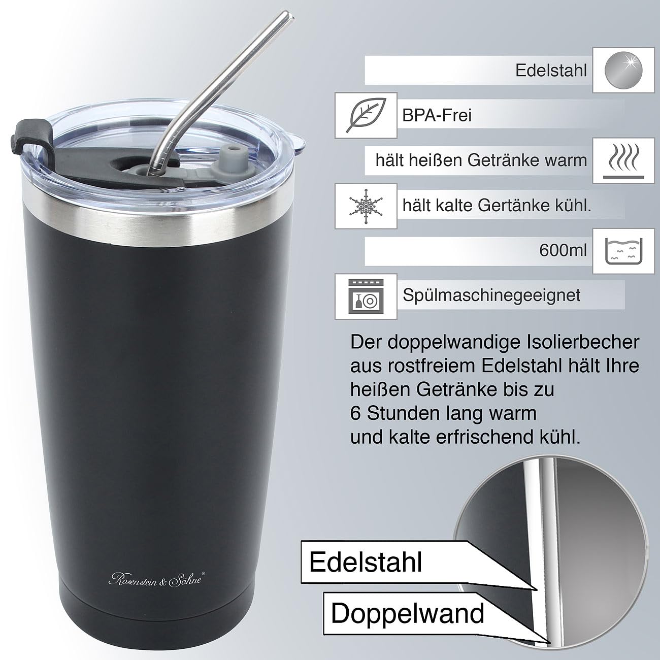 Rosenstein & Söhne Kaffee Tasse: 4er-Set doppelwandige Isolierbecher, schwarz, 600 ml, Edelstahl (Edelstahl Thermobecher, Isolierbecher für Tee, EIS)