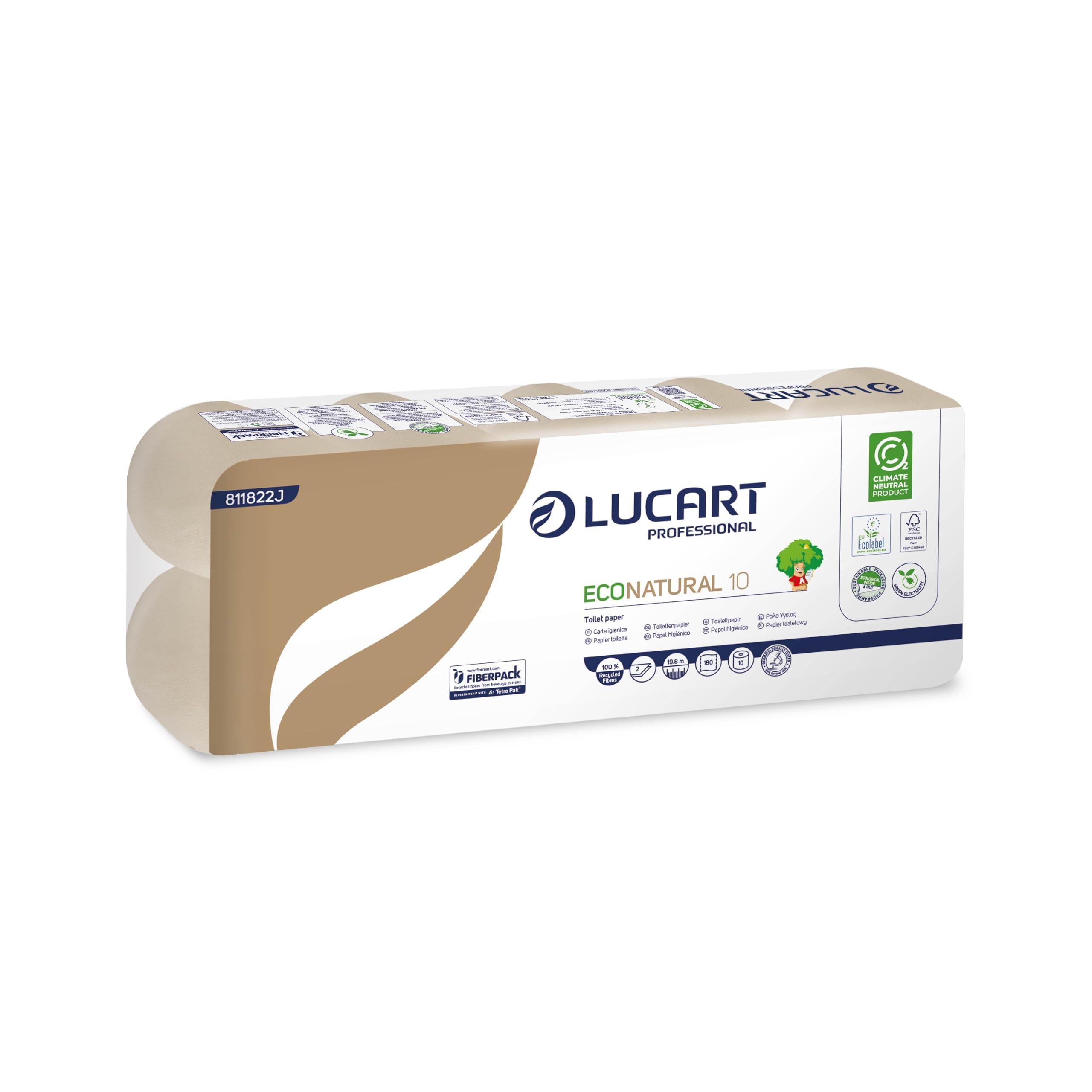 Lucart Professional, EcoNatural 10, rouleau de papier hygiénique Fiberpack, idéal pour les salles de bains publiques et les bureaux, rouleau de 180 plis, 9,5x11 cm, 12 paquets