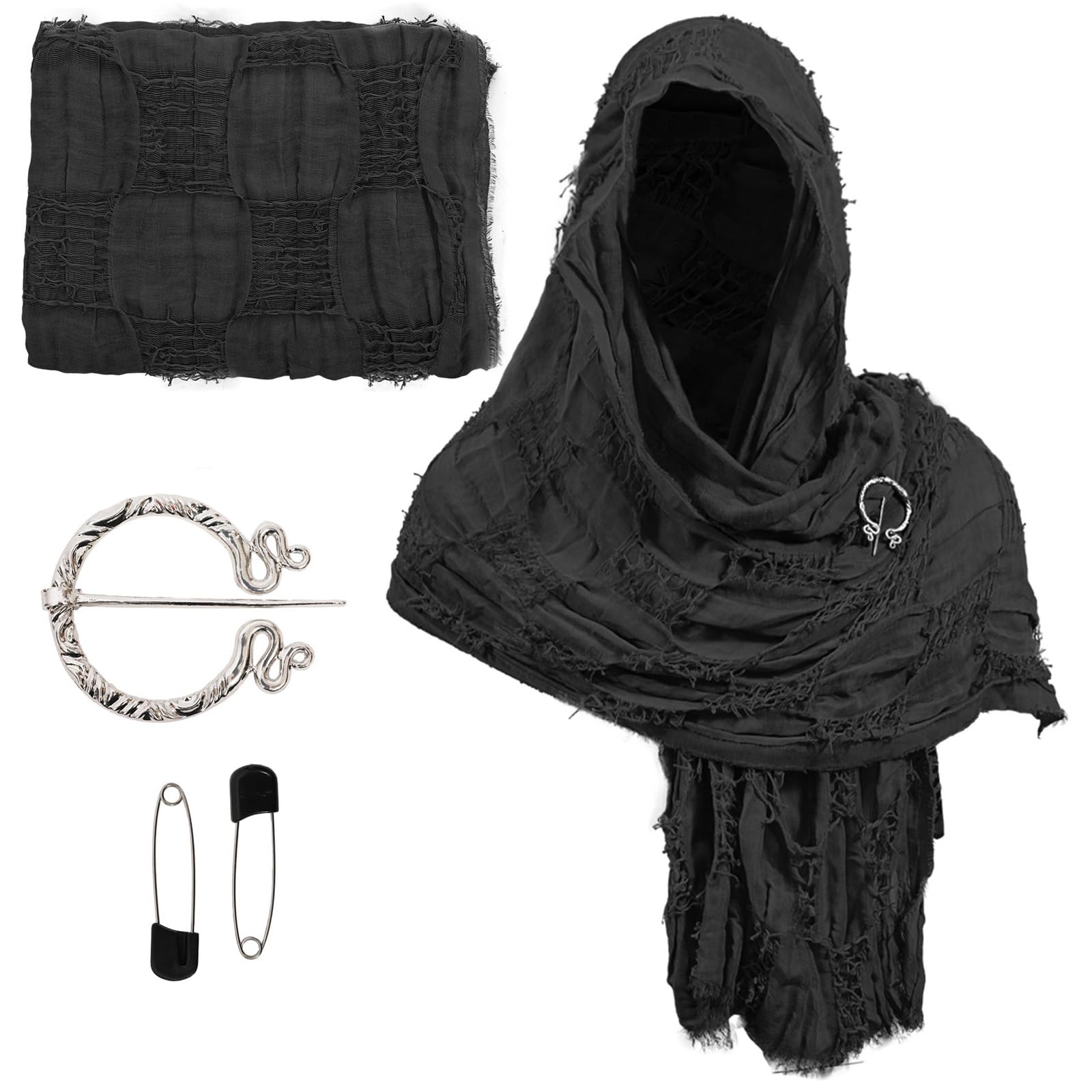 Tsophreniq Medieval Roleplay Shawl Distressed Scarf Witch Costume Accessory with Brooch Renaissant Fair Halloween Cosplay Headpiece Historical Clothing Accessory
