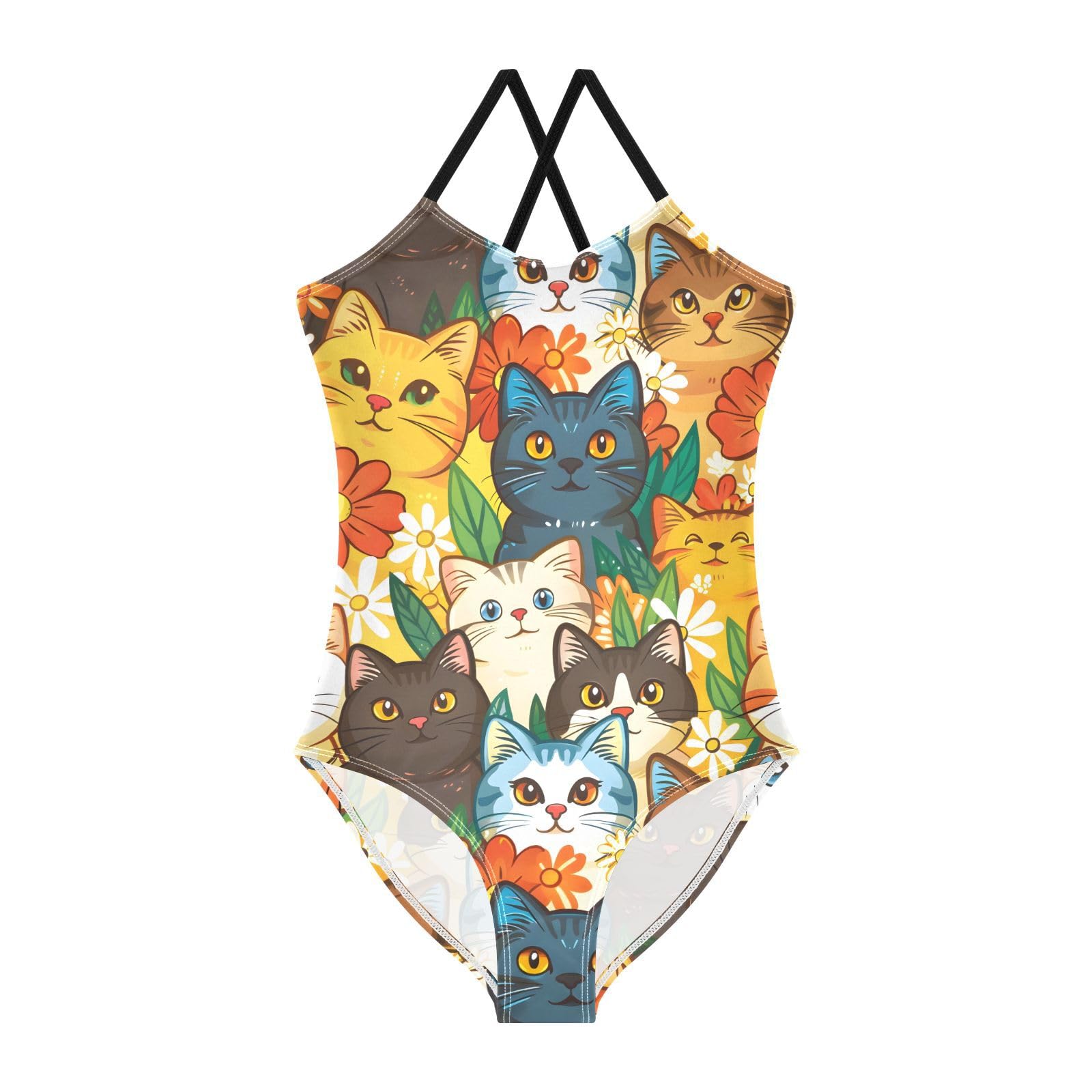 Bolaz Girls Swimsuits One-Piece Bathing Suits Multicolor Kids Sport Summer Beach Swimwear for 3-10 Years Old-Cute Cat Cartoon