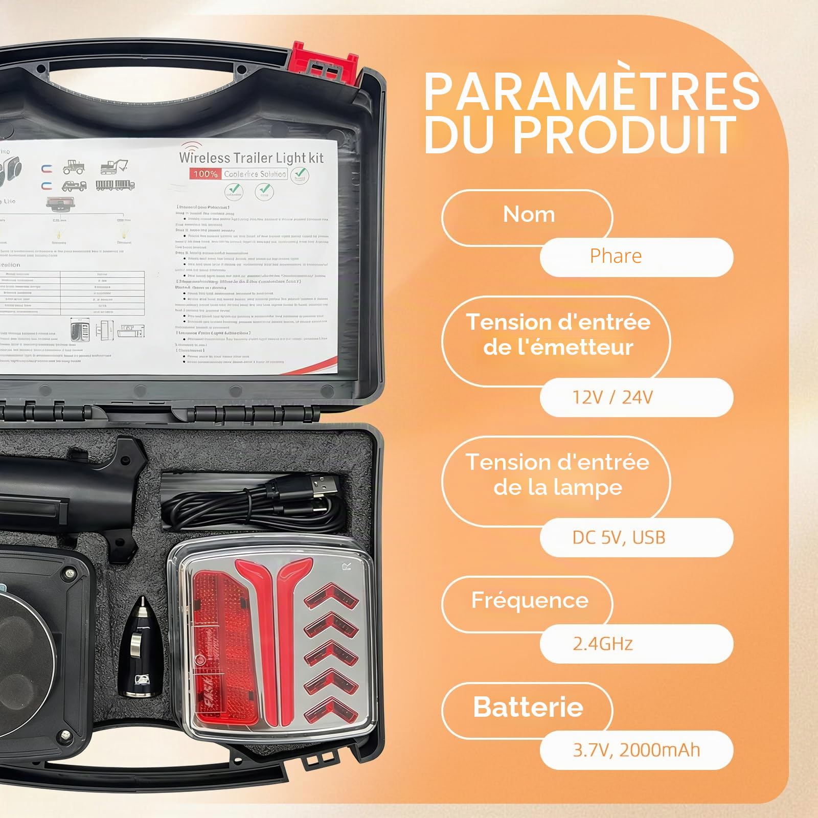 Feux arrière LED remorque sans fil, 12/24V Ensemble feux arrière à télécommande magnétique avec feux stop, clignotants, feux de position et éclairage plaque d’immatriculation, Étanche IP65 pour camion