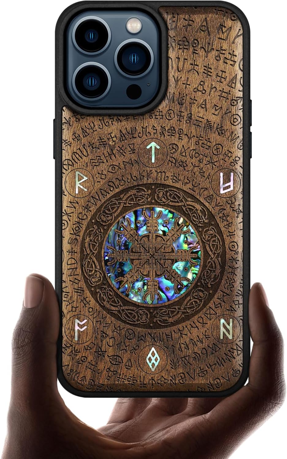 Carveit Wooden Case for iPhone 15 Pro Max Magnetic Case, Compatible with MagSafe Wireless Chargers, Shockproof Cover, Handmade Shell Inlaid & Wood Artisan Engraved (Viking) Blackwood