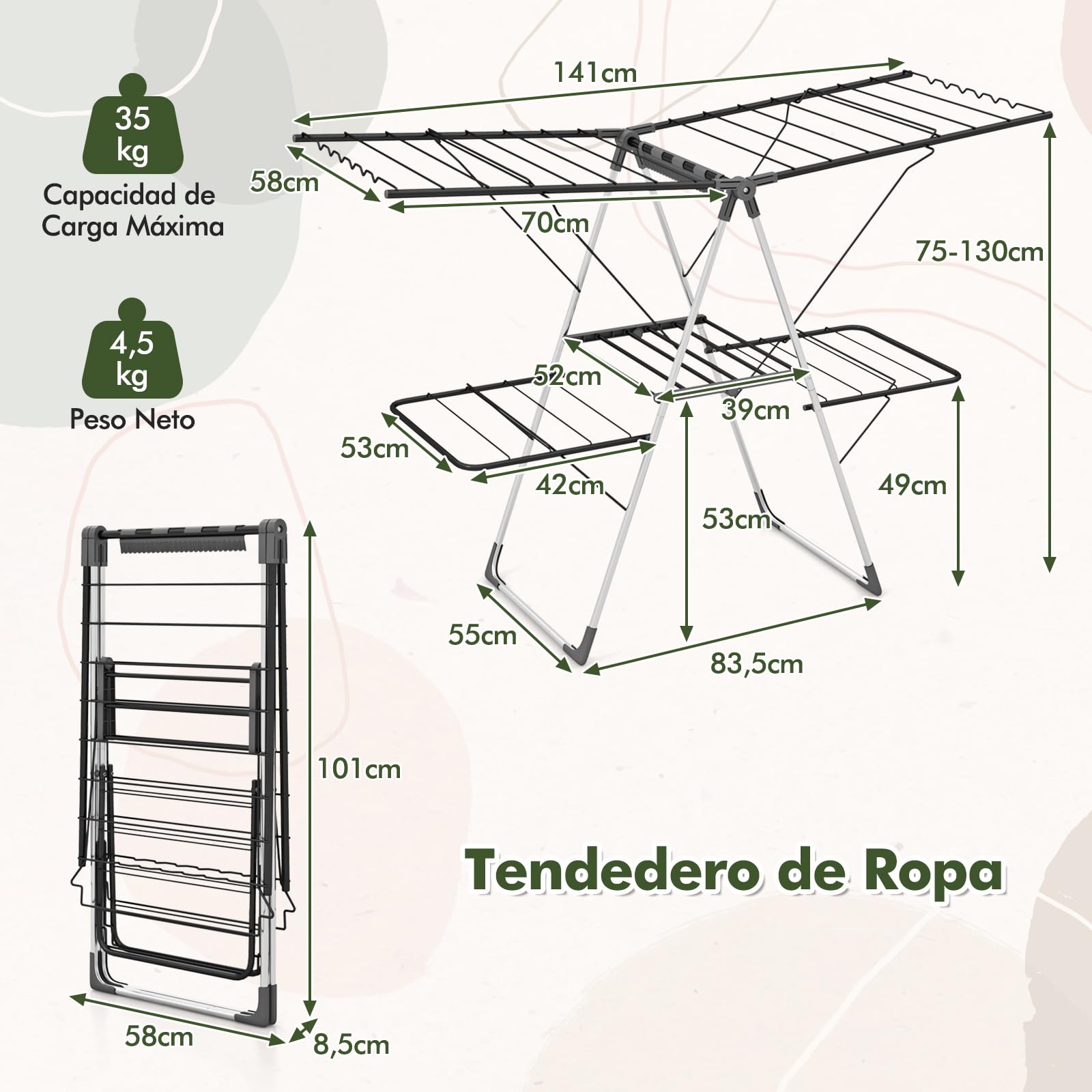 COSTWAY Tendedero de Ropa de 2 Niveles, Estante Plegable para Ropa con 33 Barras de Secado, Alas Ajustables, Clips para Calcetines, Patas de Acero Inoxidable, Uso Interior y Exterior