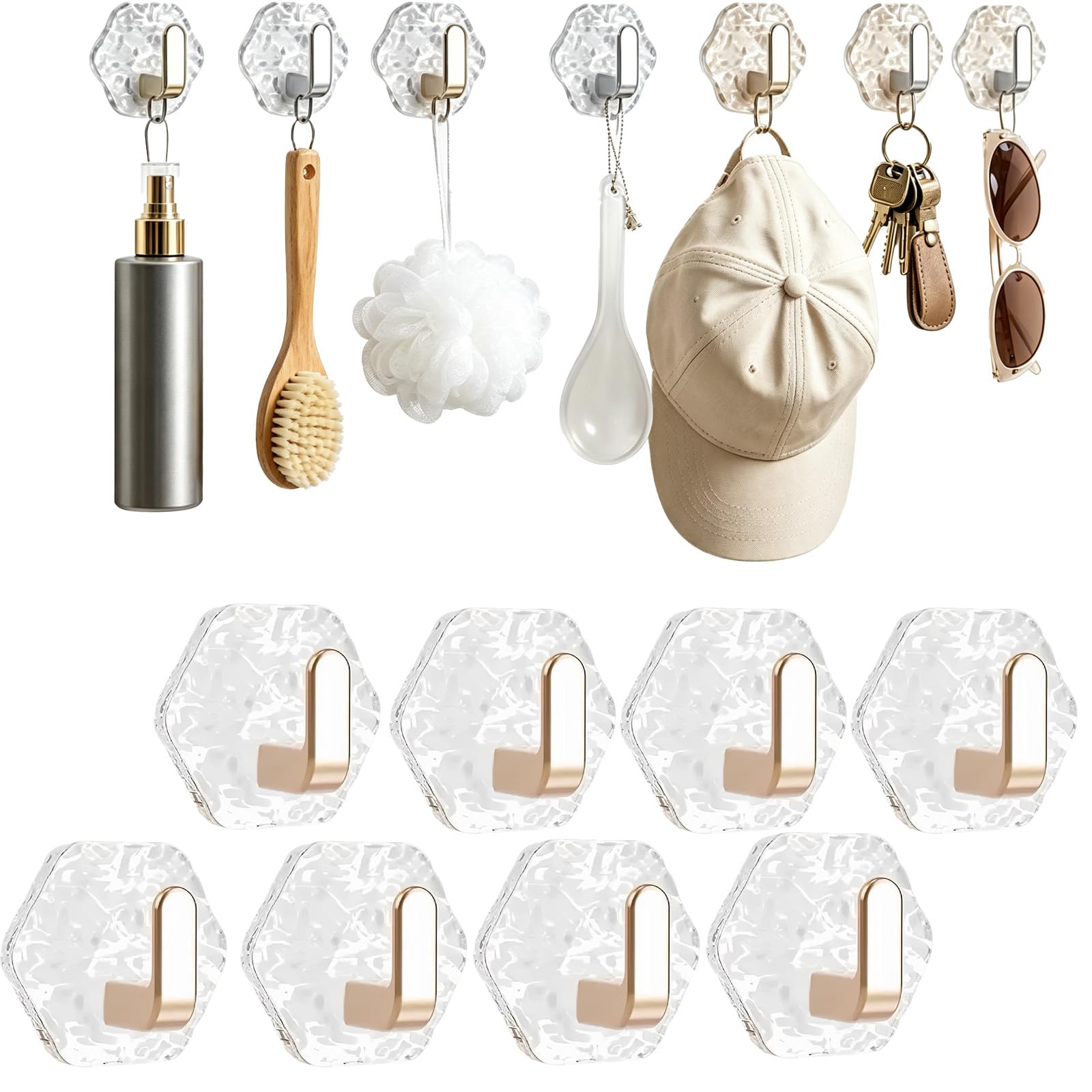 Dawhare Water Ripple Hexagonal Self Adhesive Hooks, Transparent Wall Hanging Luxury Key Hook, Heavy Duty Waterproof Adhesive for Towels, Keys & Home Decor (8gloden)