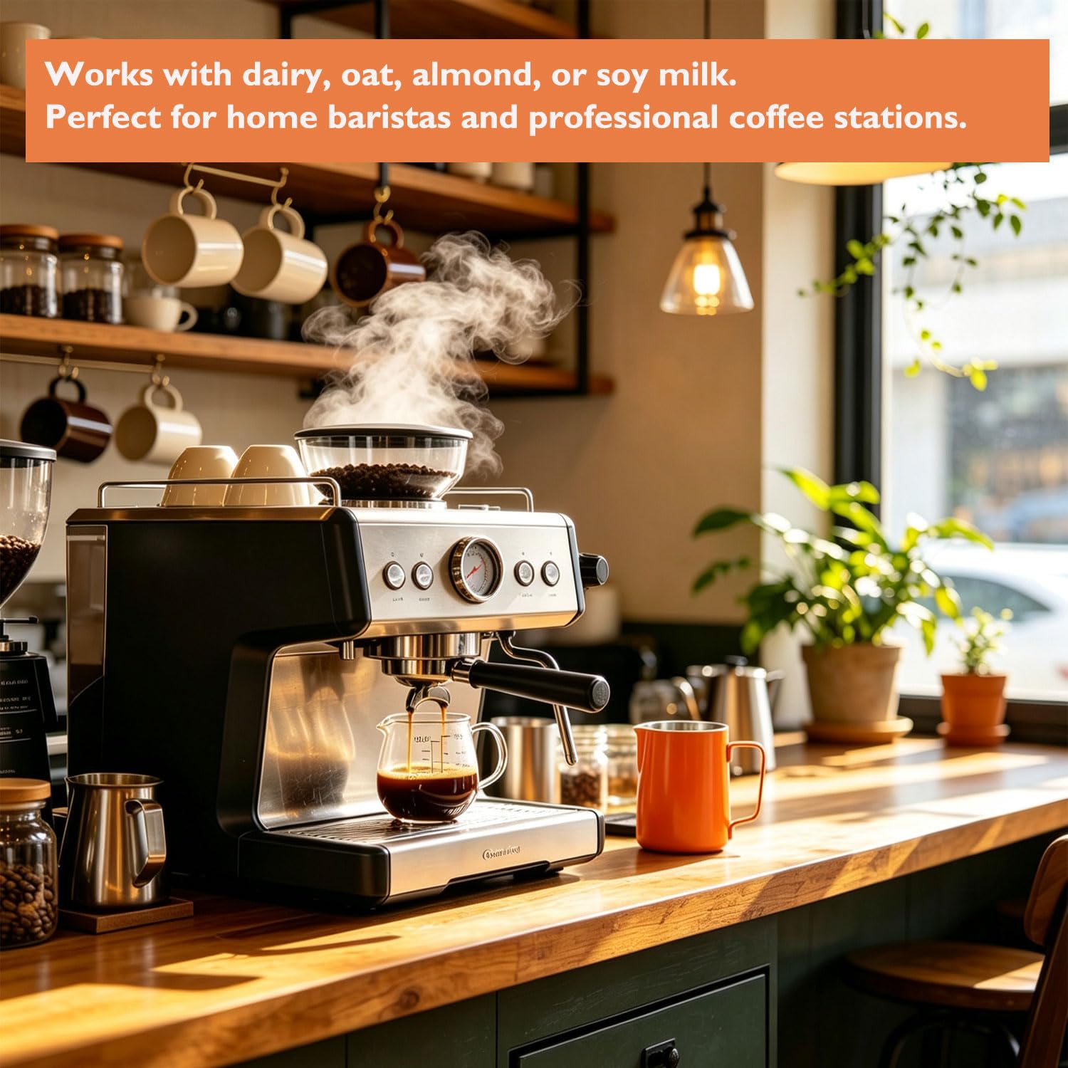 Dzbanek do spieniania mleka do ekspresu do kawy, 600 ml, dzbanek do spieniania mleka ze stali nierdzewnej 304, ze skalą pomiarową, styl baristy, do cappuccino latte i espresso, pomarańczowy