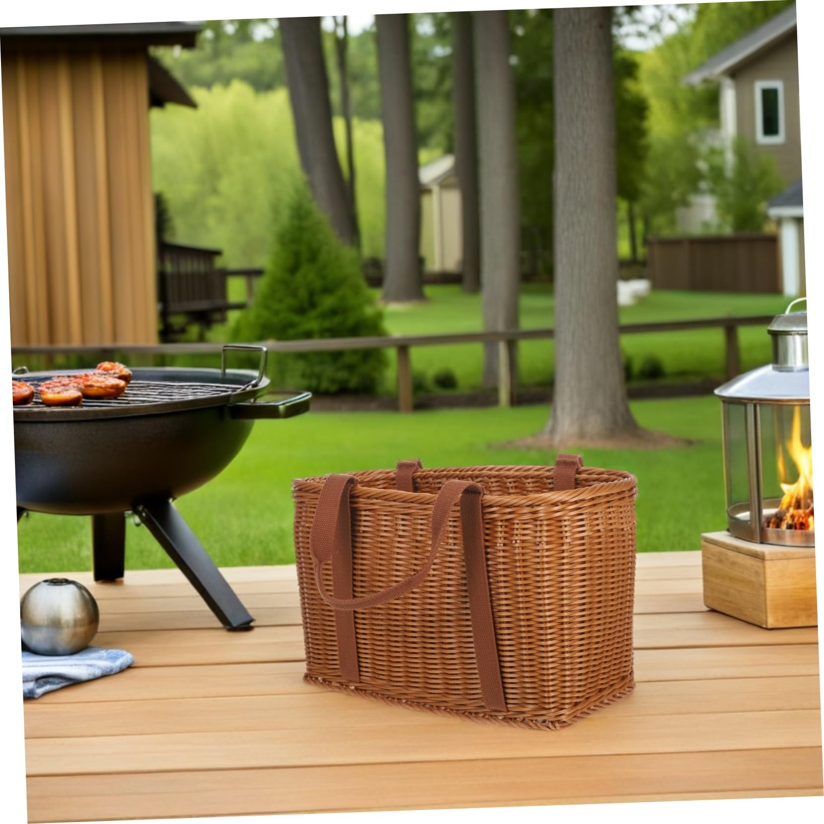 HANABASS Handgewebter Rechteckiger Einkaufskorb mit Ergonomischem Griff Leichter Mehrzweckkorb aus Kunststoff und Stoff Großer Obst Gemüsekorb für Picknick Strand Blumenarrangements und