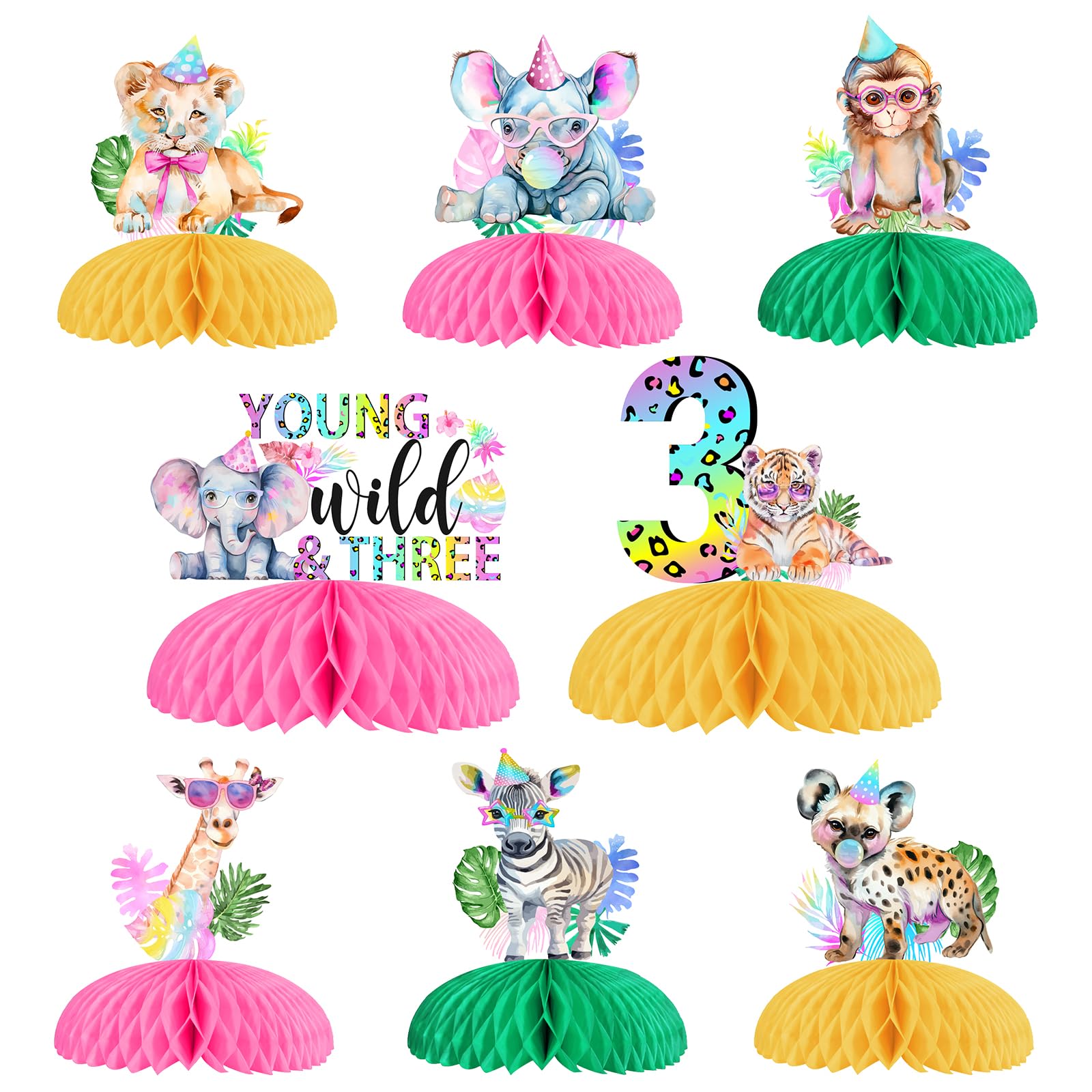 kreat4joy Young Wild and Three Party Decoration Girl, 8pcs Jungle Safari Animal 3rd Birthday Decoration Honeycomb Centerpiece Double-Sided Printing for Tropical Forest Animal 3 Year Old Supplies