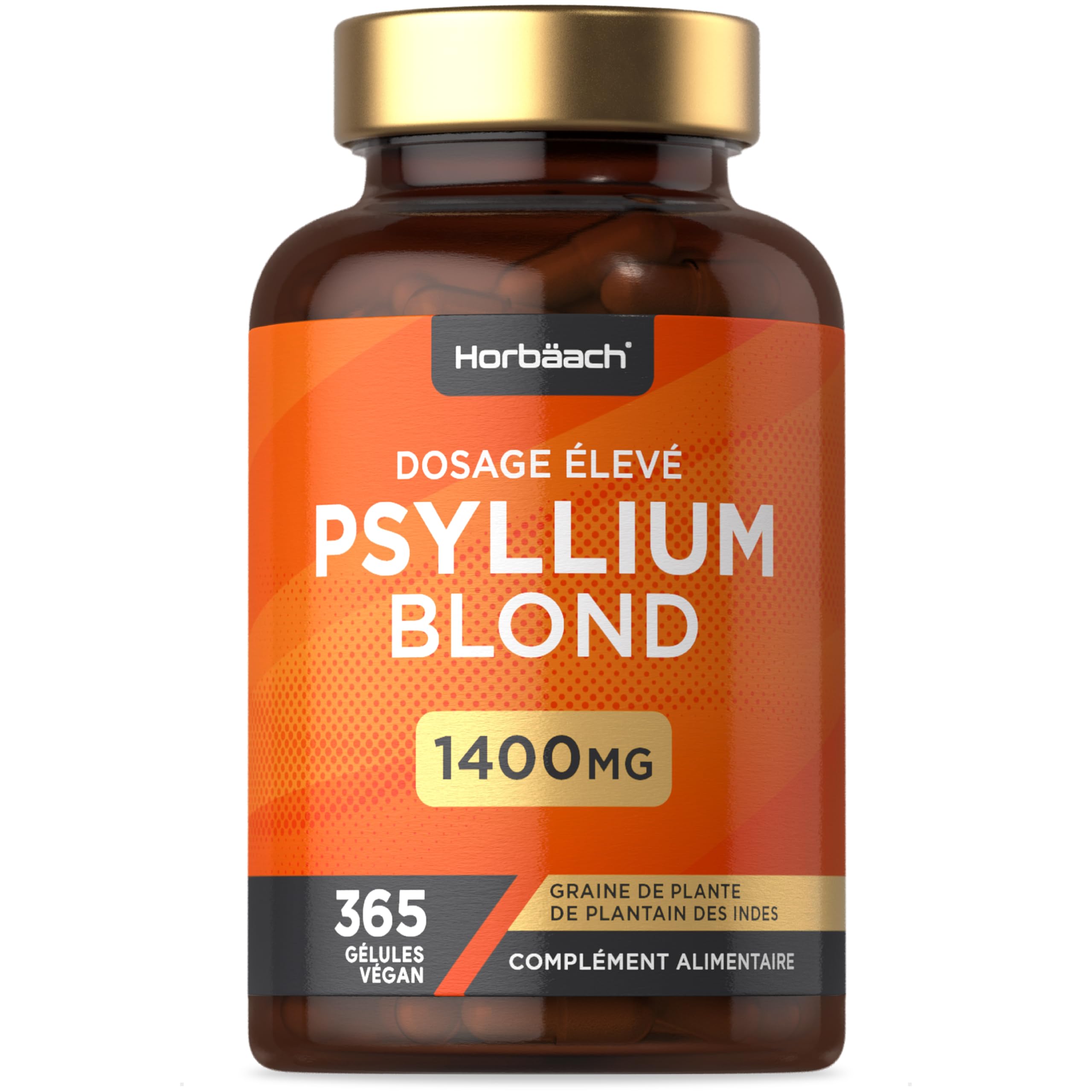 Psyllium Blond Gelules 1400 mg | 365 Psyllium Gelules Vegan | 6 Mois | Fibre de Psyllium Husk Haute Dosage | Prébiotique naturel | Horbaach