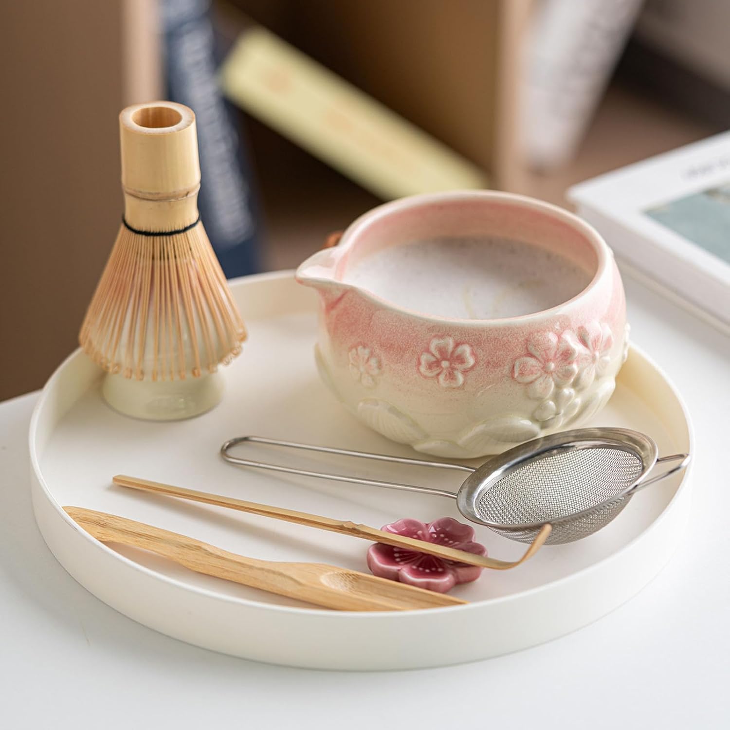 Ceramic Matcha Set, Japanese Tea Ceremony Kit with 76 Fine Whisk and Glazed Bowl, Traditional Matcha Preparation (Pink)